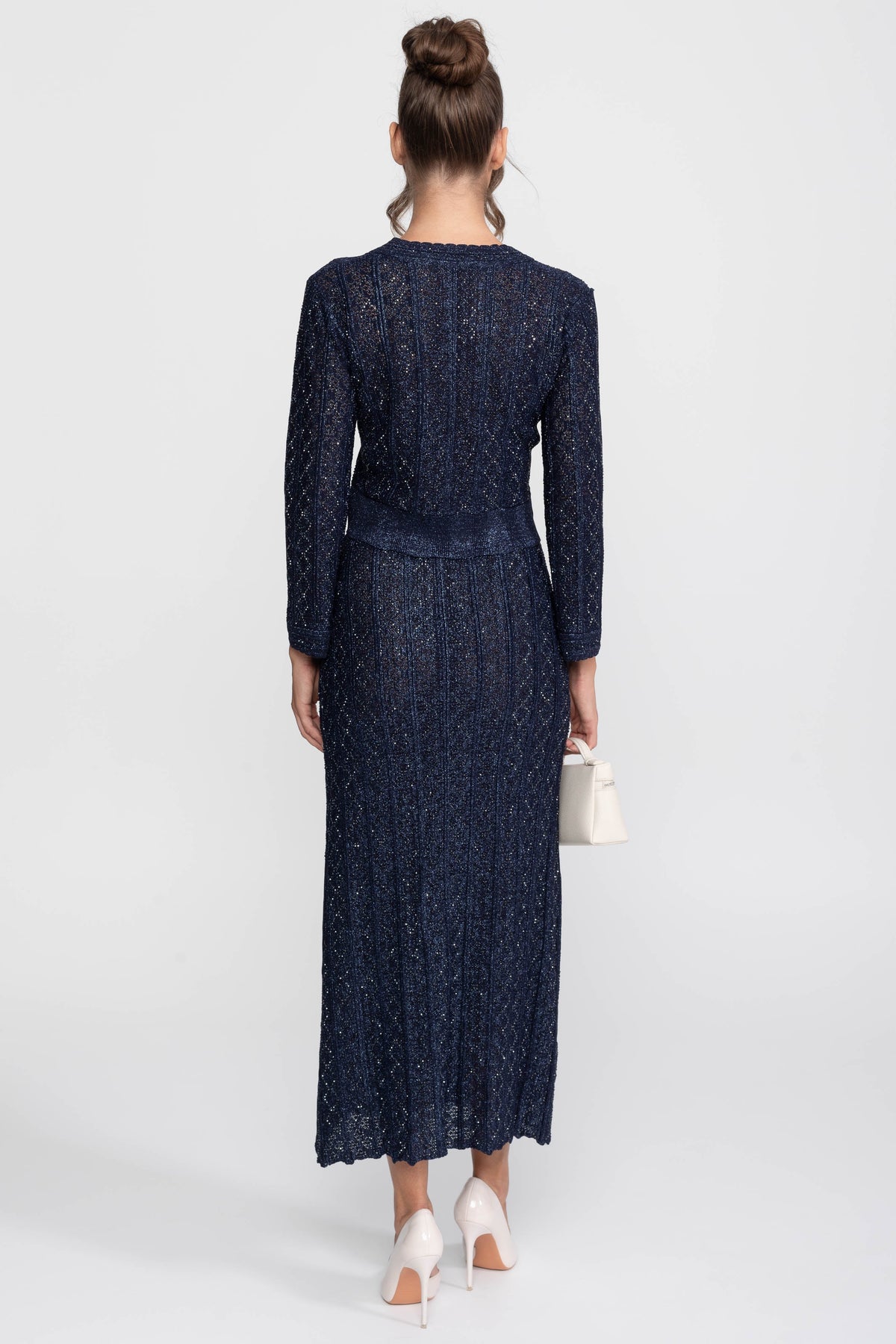 Diamond Pattern Lace Cropped Top and Maxi Skirt Co-ord Set – Navy – view 6