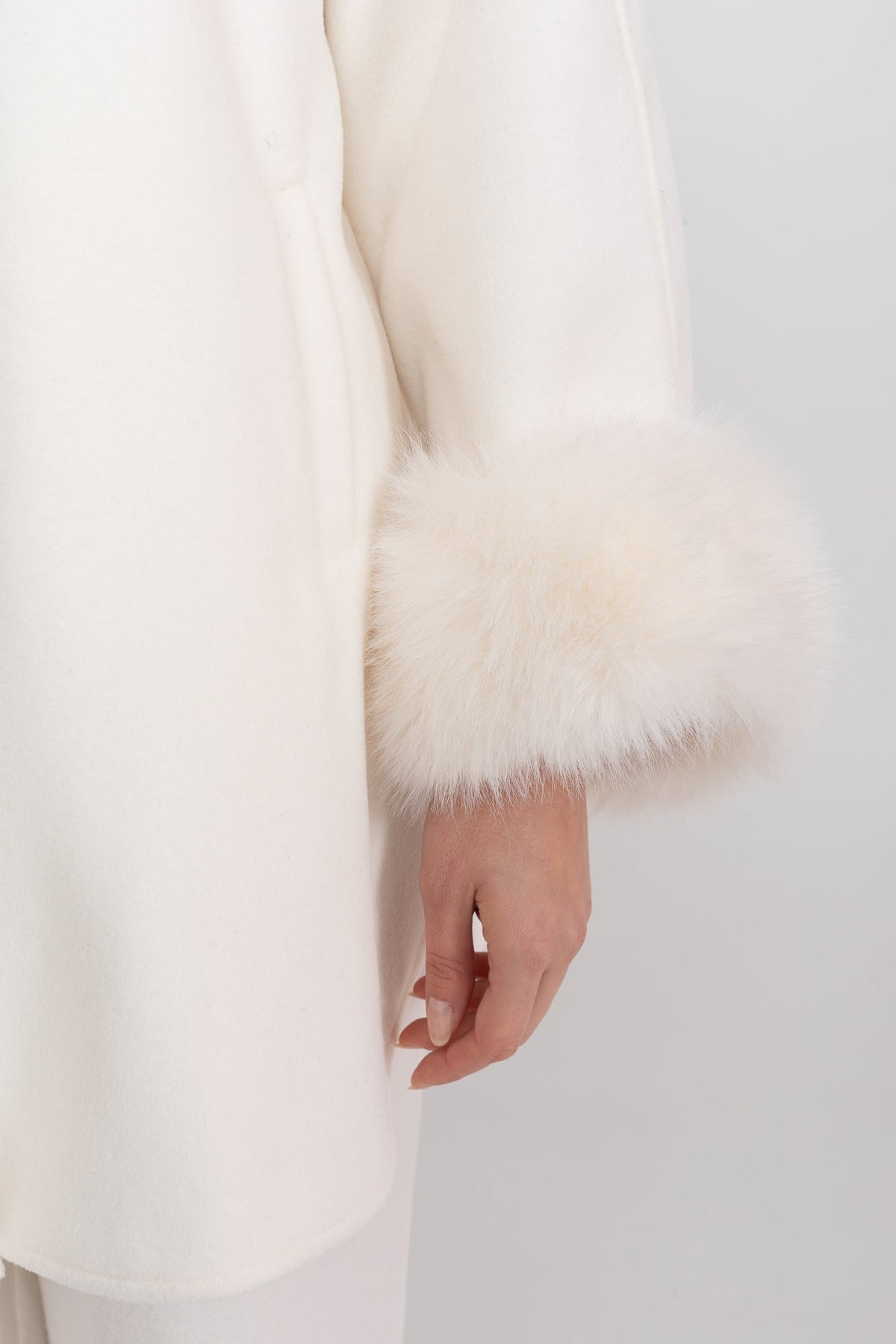 Longline Coat with Pearl Embellished Neckline and Faux Fur Cuffs – White