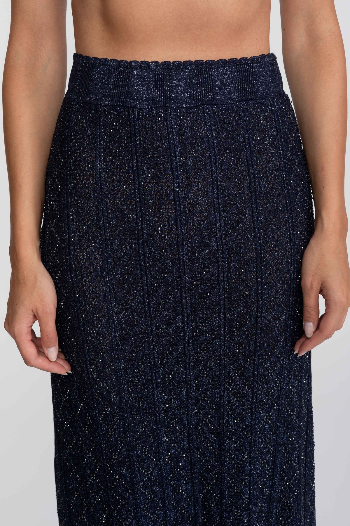 Diamond Pattern Lace Cropped Top and Maxi Skirt Co-ord Set – Navy – view 10