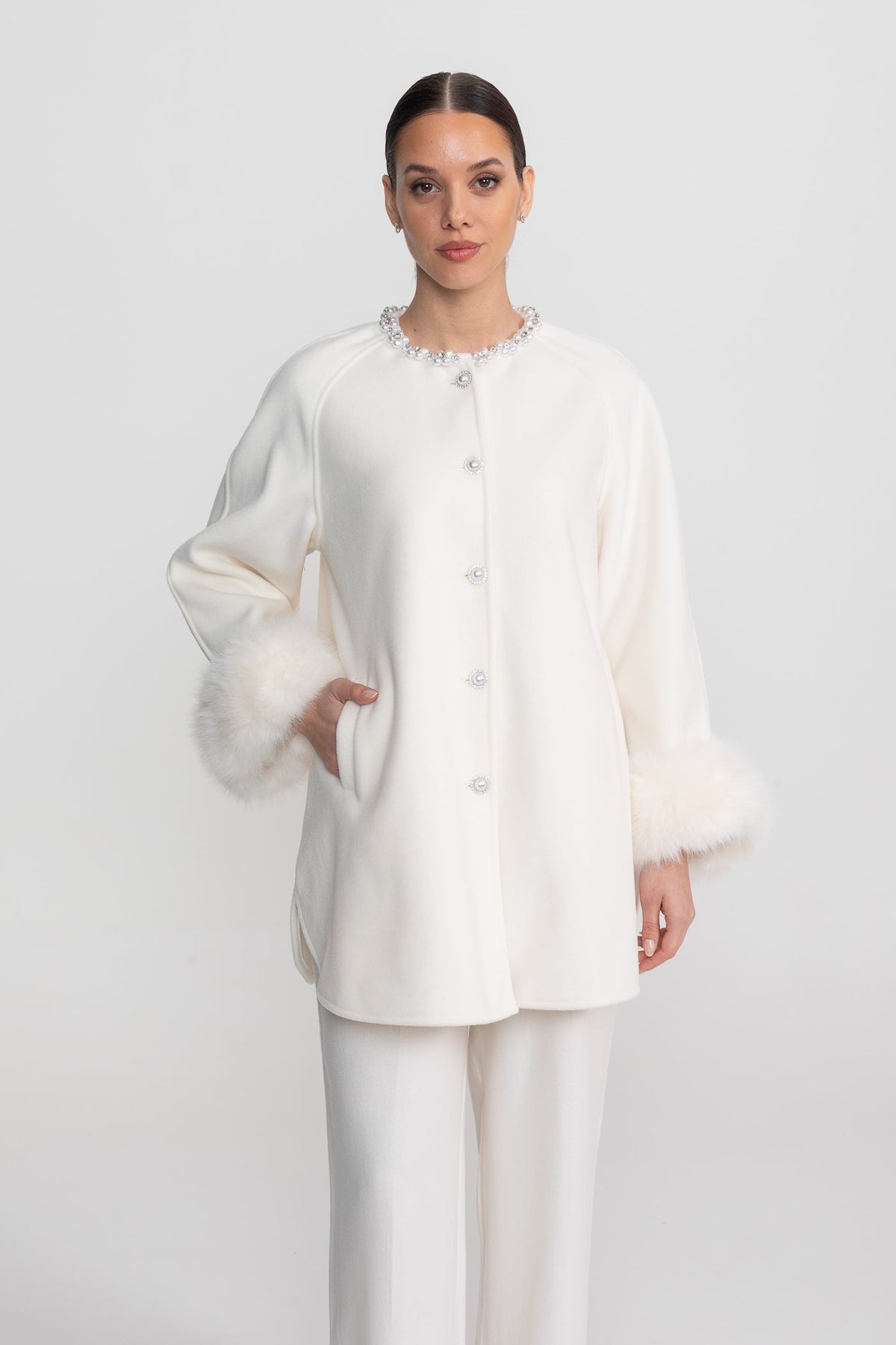 Longline Coat with Pearl Embellished Neckline and Faux Fur Cuffs – White – view 4