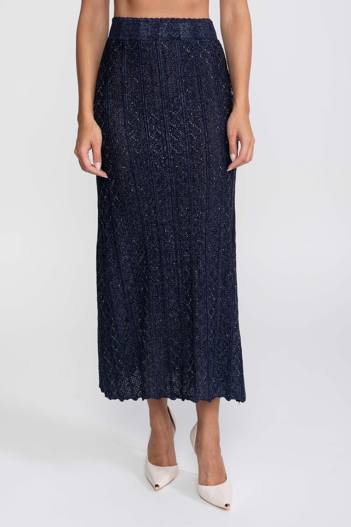 Diamond Pattern Lace Cropped Top and Maxi Skirt Co-ord Set – Navy – view 5