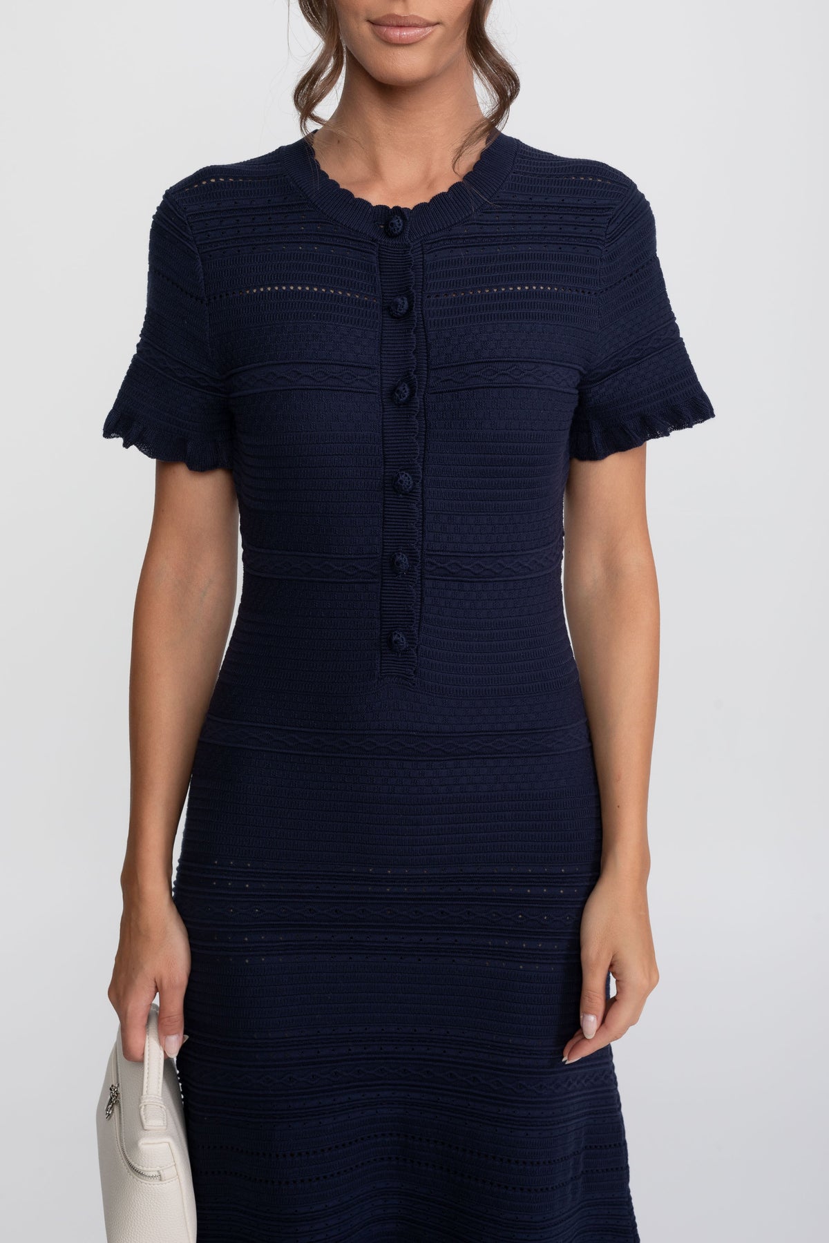 Textured Knit Button Front Midi Dress with Ruffle Hem – Navy – view 5
