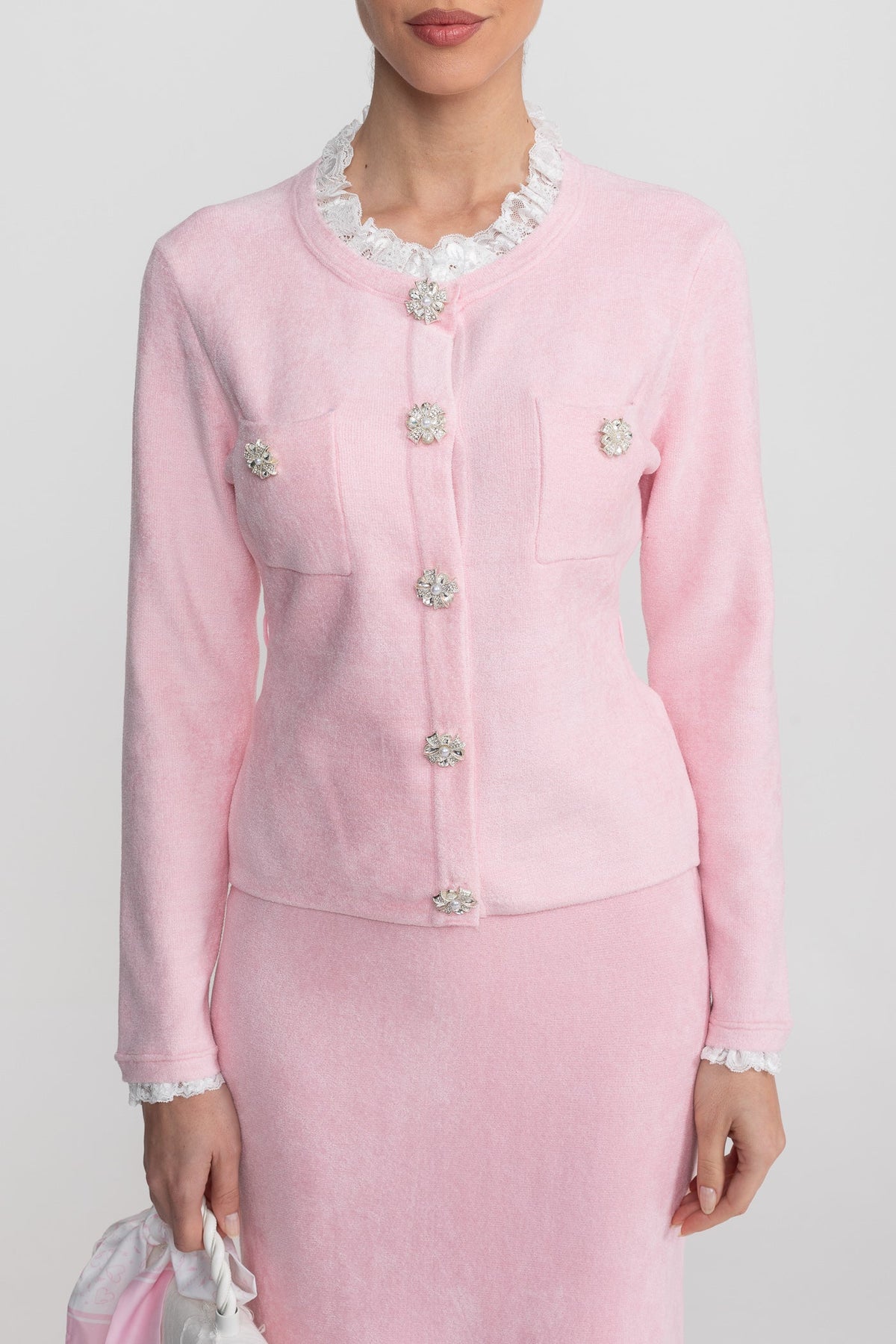 Lace Trim Knit Cardigan and Midi Skirt Co-ord with Crystal Buttons – Blush Pink – view 11