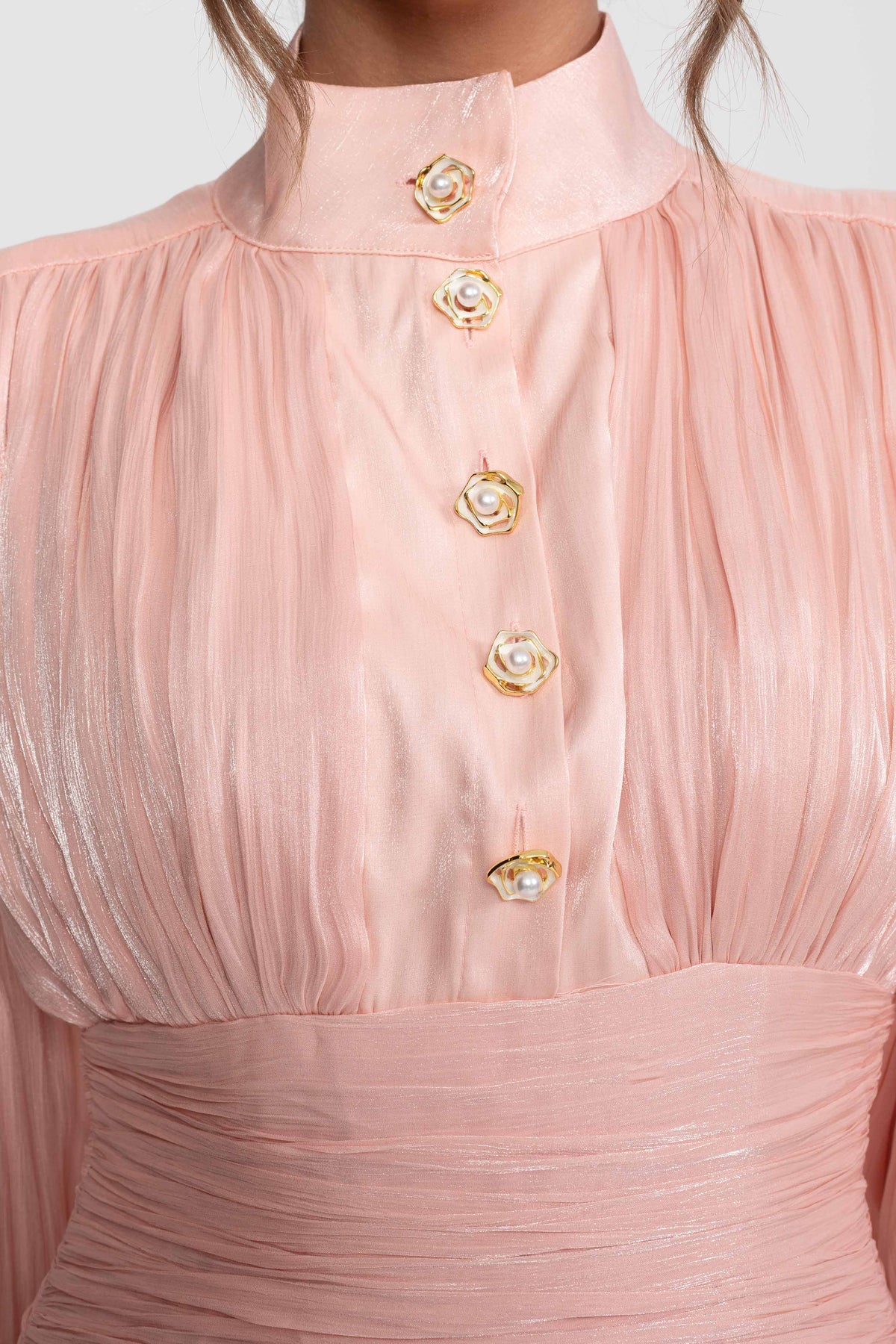 Balloon Sleeve Tiered Maxi Dress with Jewelled Rose Buttons – Peach – view 6