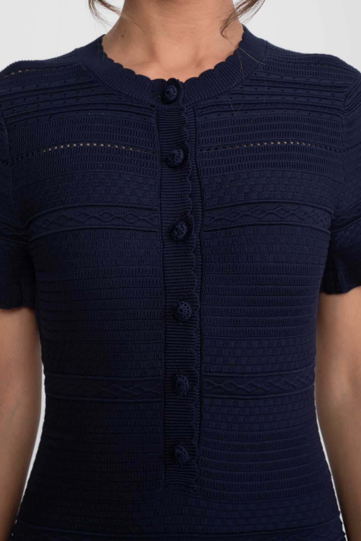 Textured Knit Button Front Midi Dress with Ruffle Hem – Navy – view 7