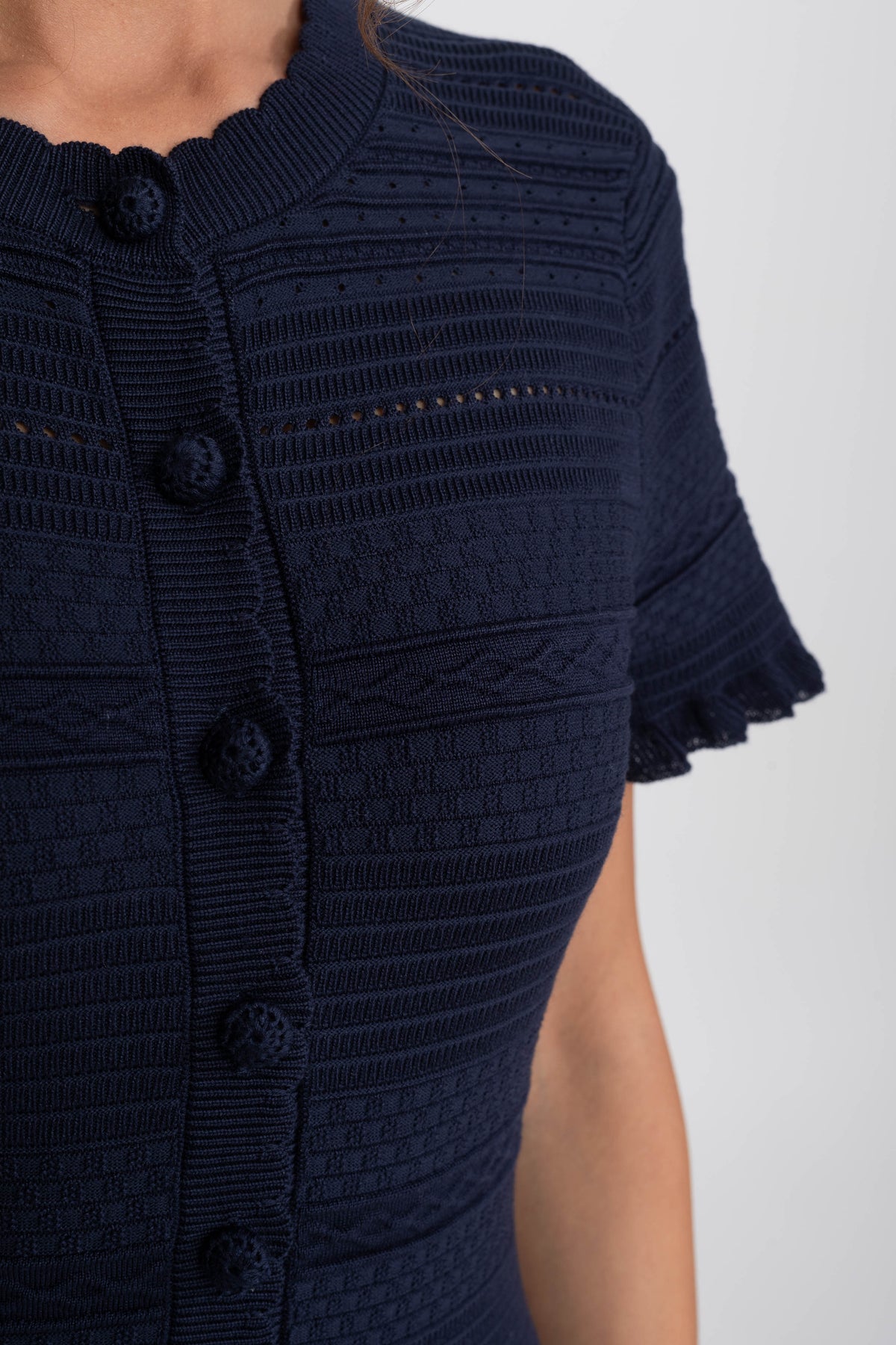 Textured Knit Button Front Midi Dress with Ruffle Hem – Navy – view 8