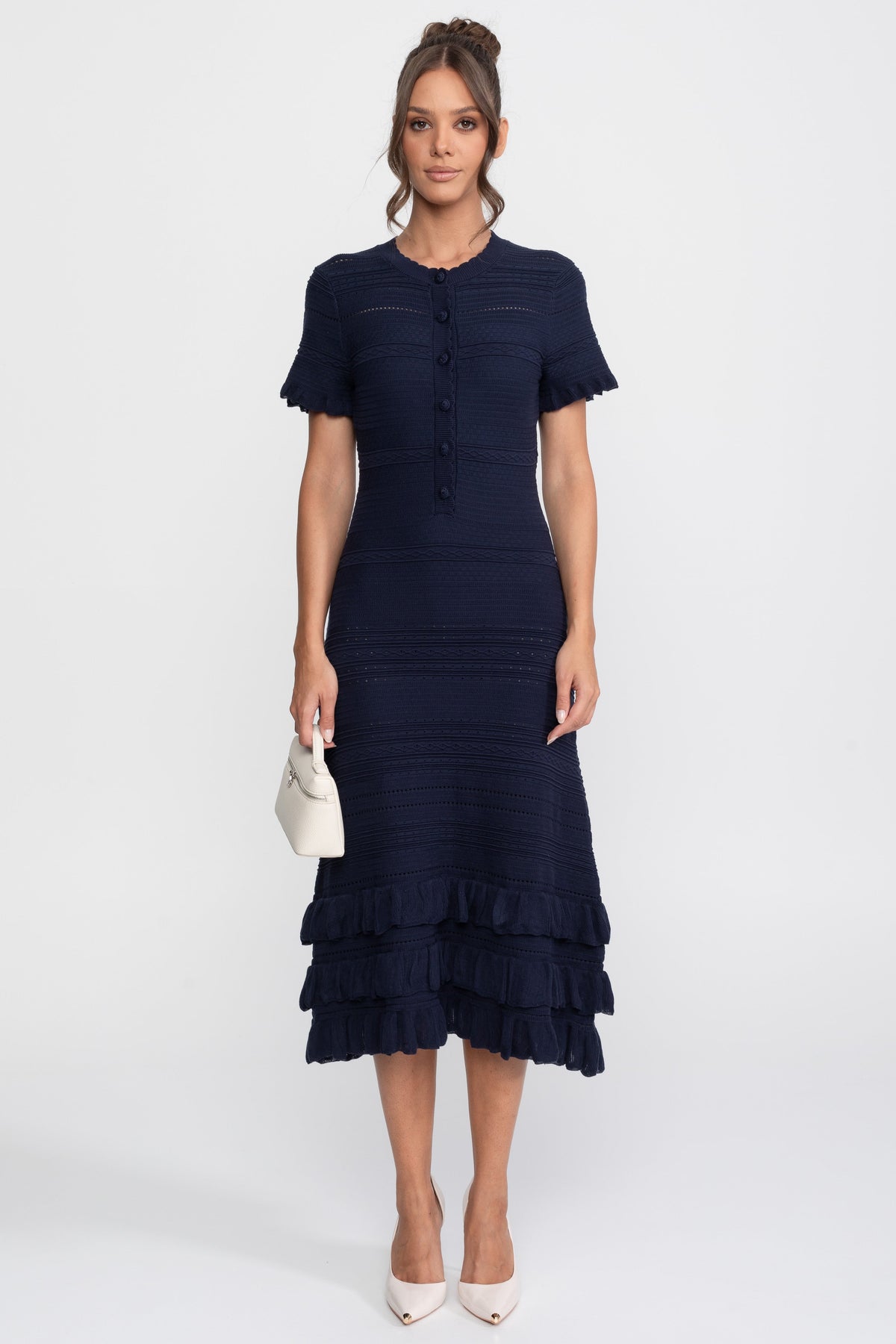 Textured Knit Button Front Midi Dress with Ruffle Hem – Navy – view 1