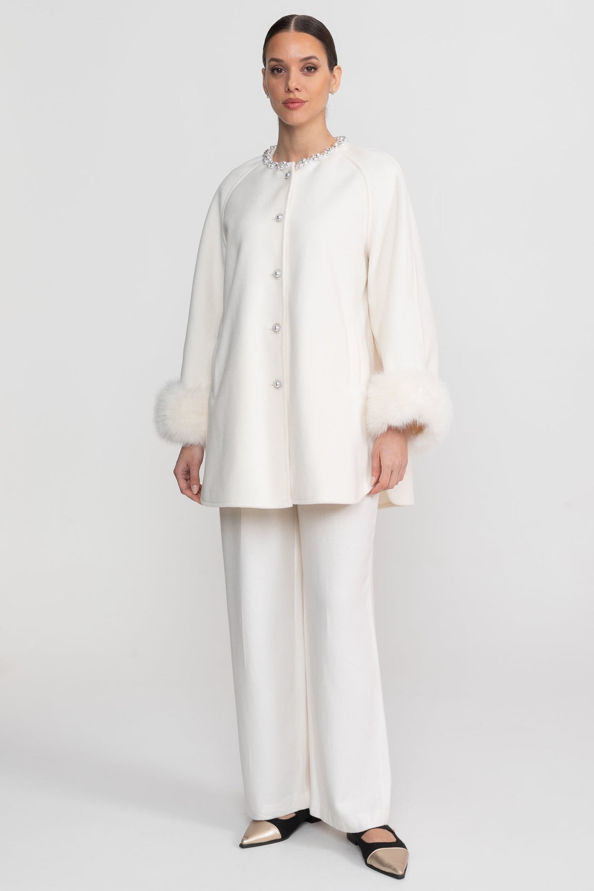 Longline Coat with Pearl Embellished Neckline and Faux Fur Cuffs – White