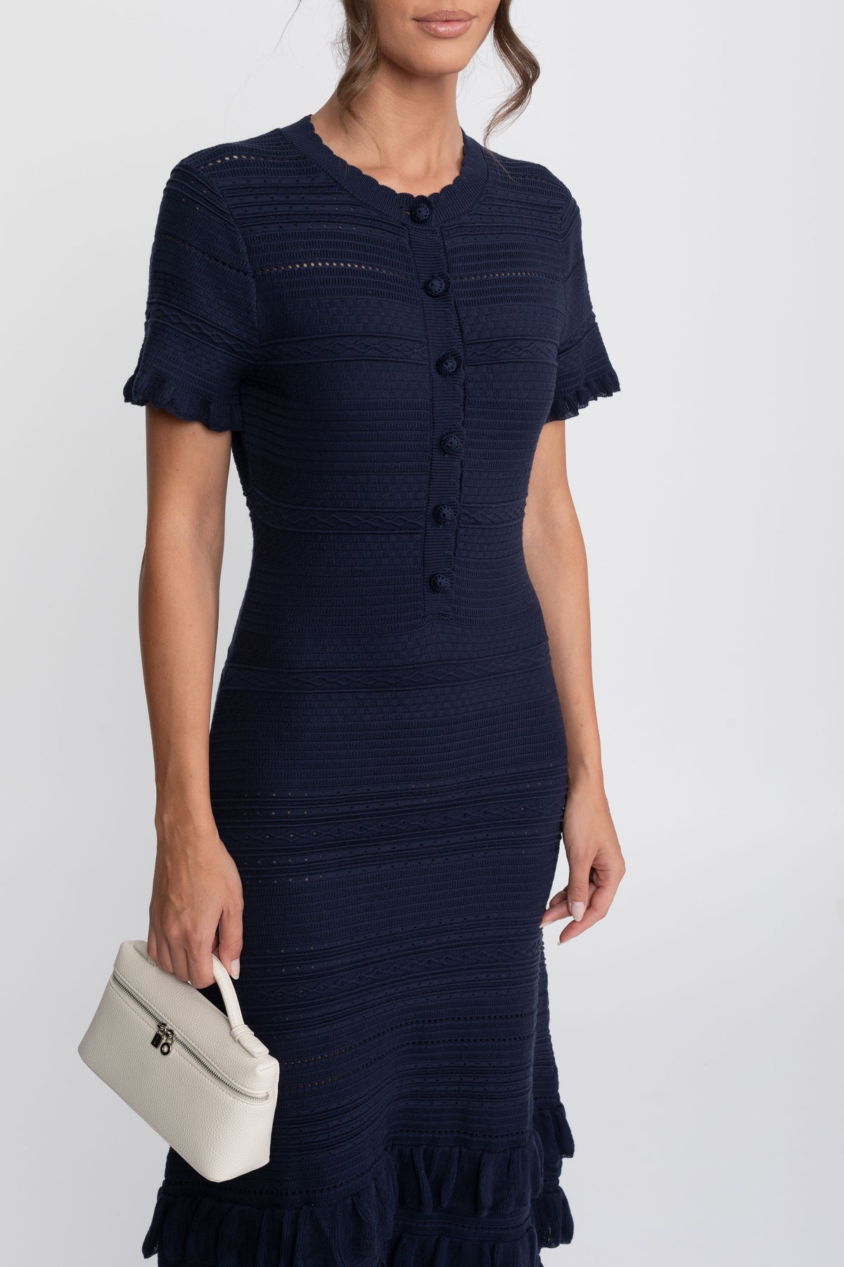 Textured Knit Button Front Midi Dress with Ruffle Hem – Navy – view 6