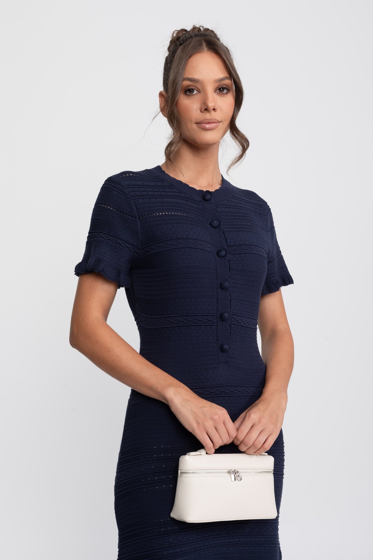 Textured Knit Button Front Midi Dress with Ruffle Hem – Navy – view 4