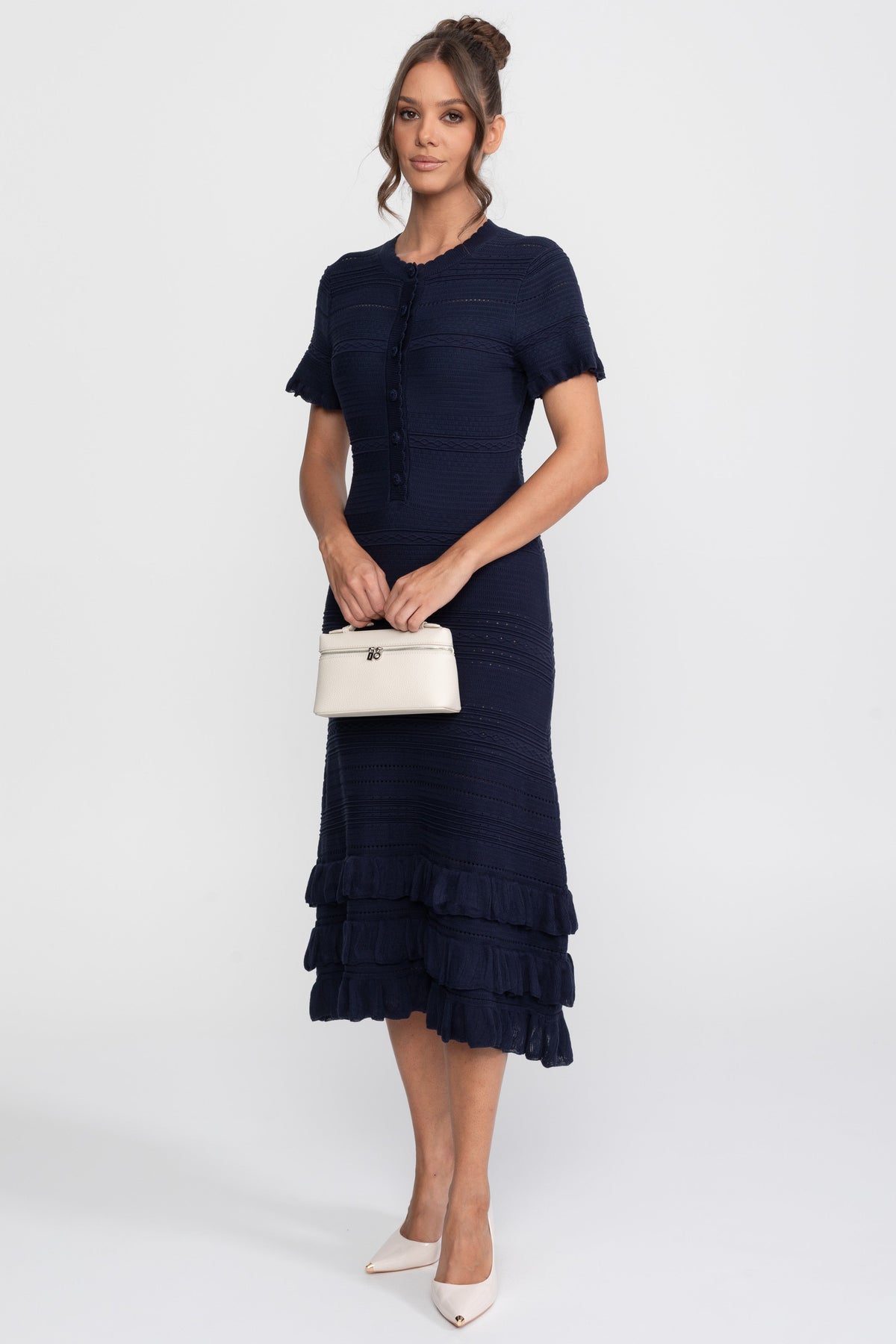 Textured Knit Button Front Midi Dress with Ruffle Hem – Navy – view 3