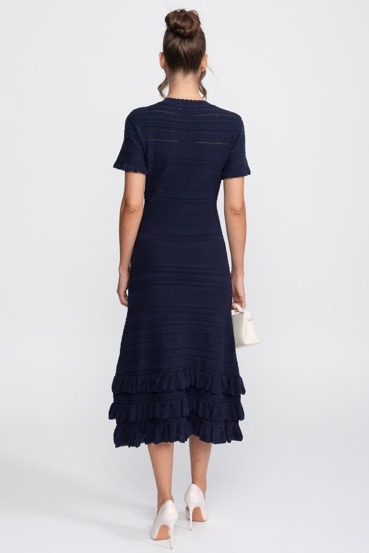 Textured Knit Button Front Midi Dress with Ruffle Hem – Navy – view 11