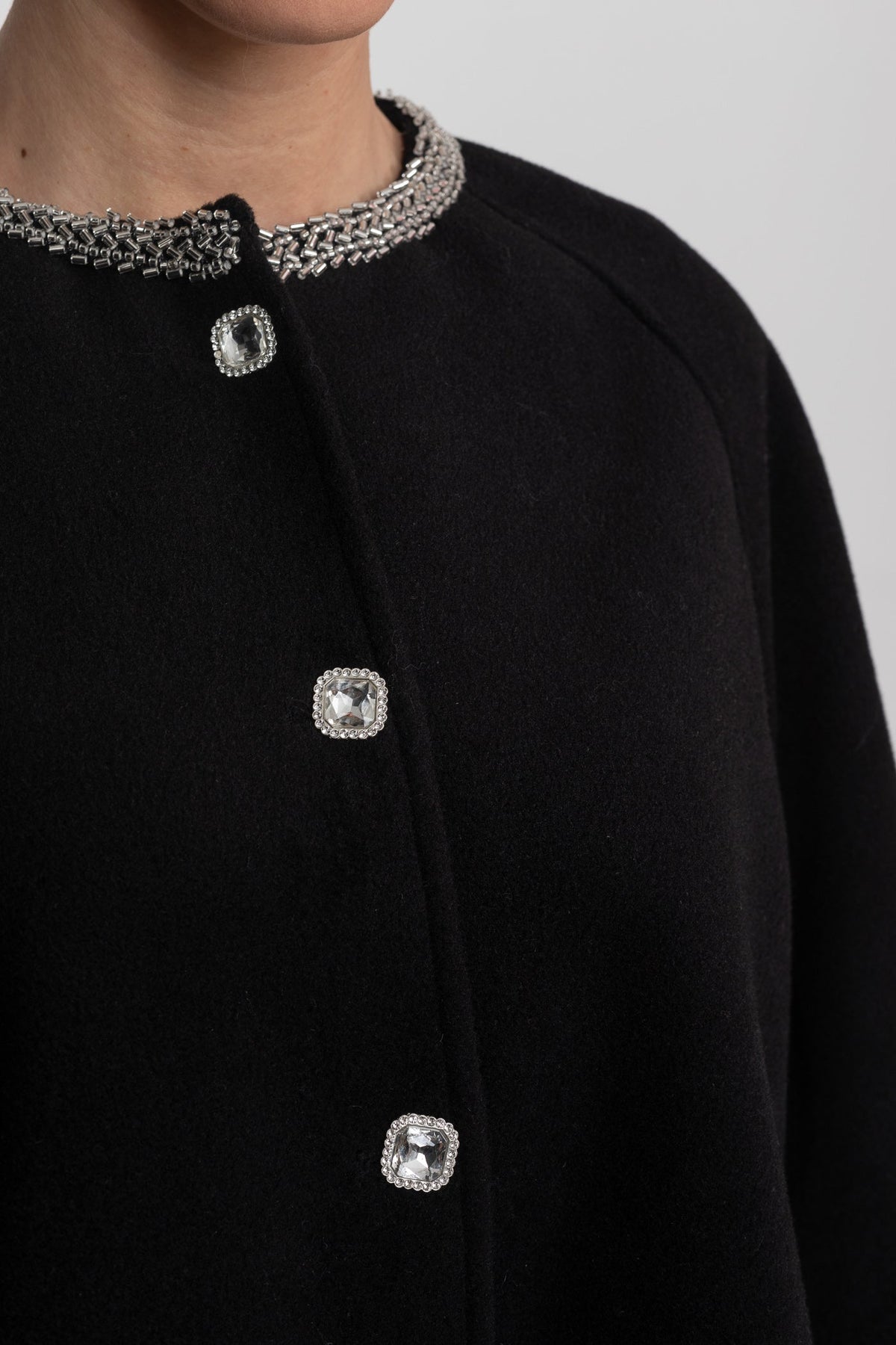 Longline Coat with Pearl Embellished Neckline and Faux Fur Cuffs – Black