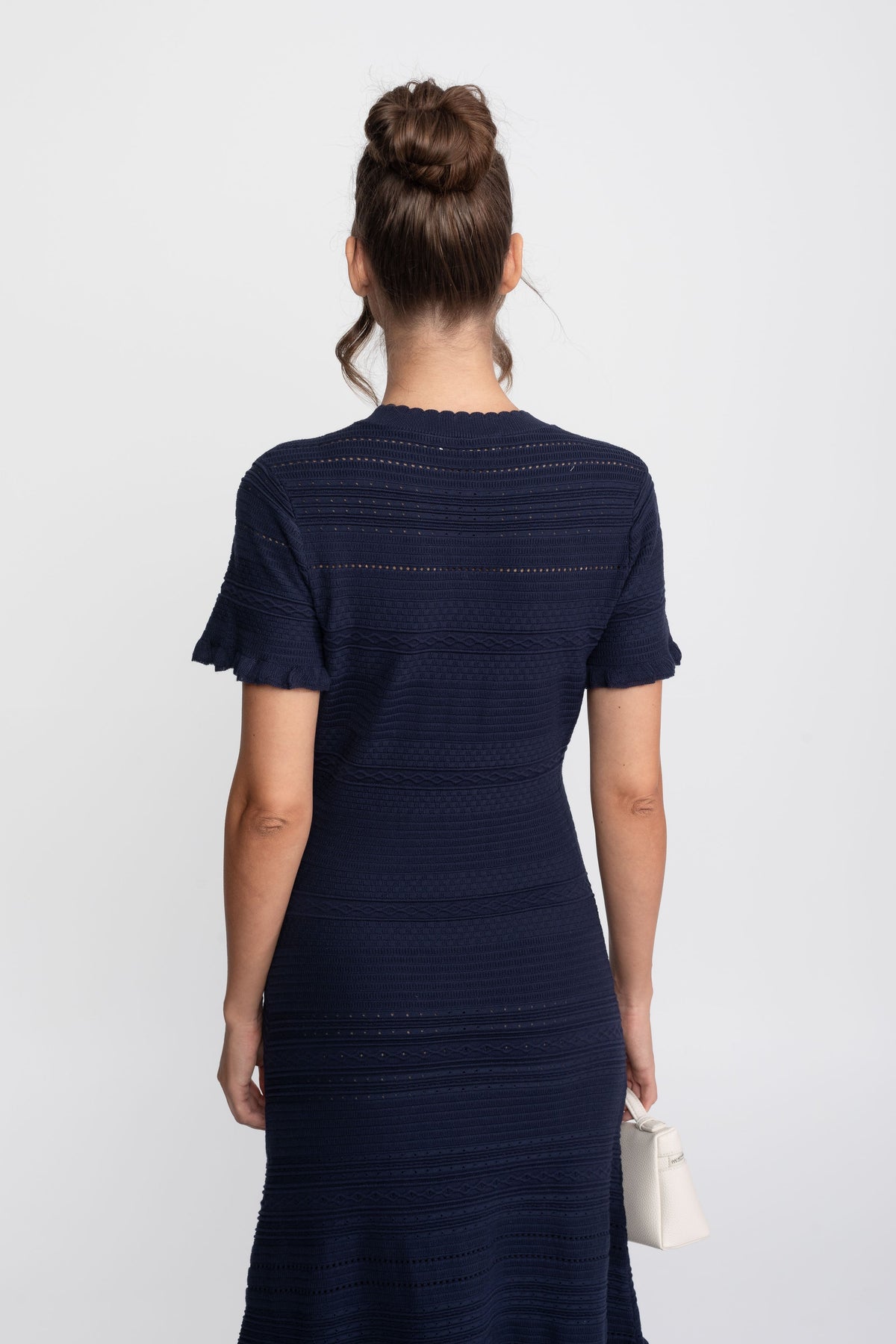 Textured Knit Button Front Midi Dress with Ruffle Hem – Navy – view 10