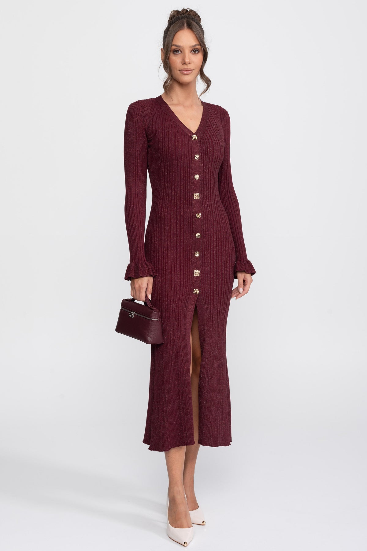 V-Neck Button-Front Ribbed Knit Maxi Dress with Ruffle Cuffs – Burgundy – view 3