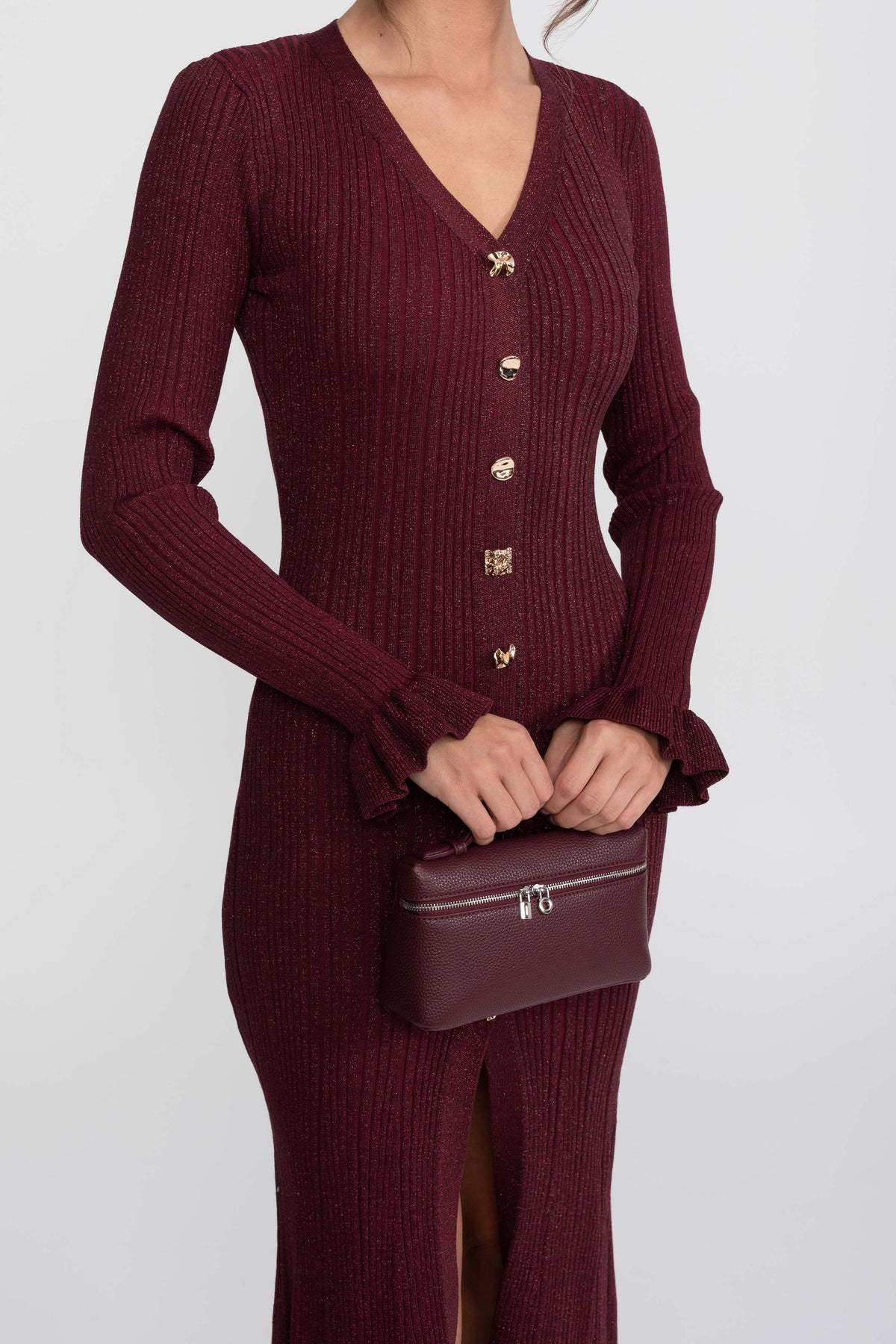V-Neck Button-Front Ribbed Knit Maxi Dress with Ruffle Cuffs – Burgundy – view 6