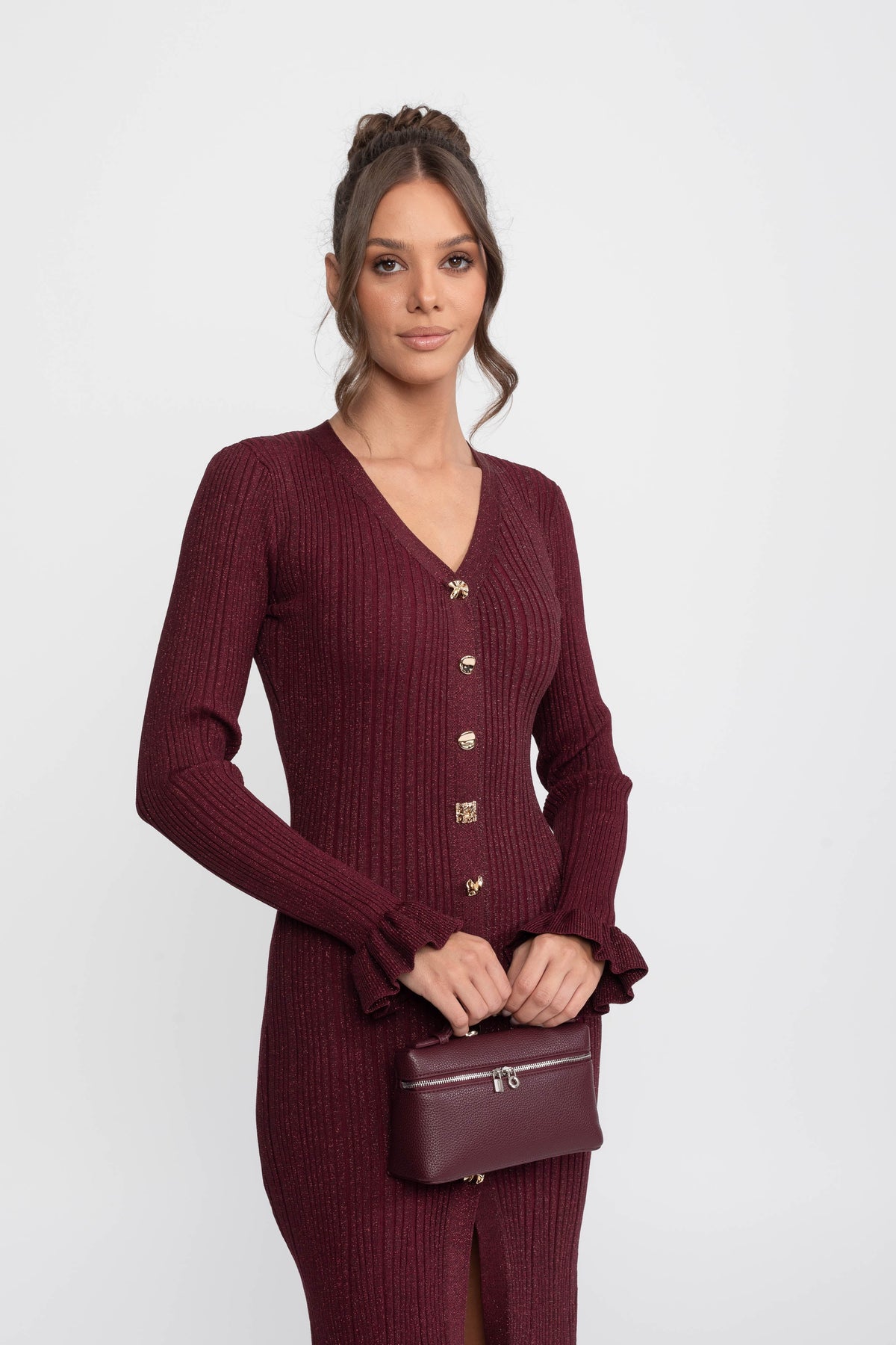 V-Neck Button-Front Ribbed Knit Maxi Dress with Ruffle Cuffs – Burgundy – view 5