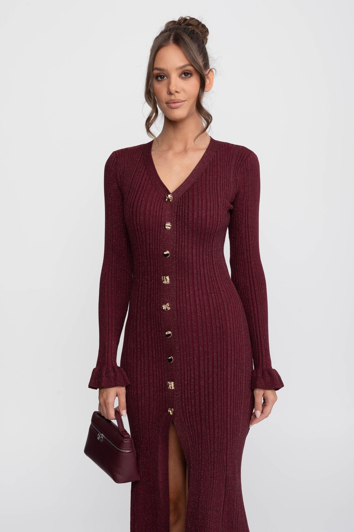 V-Neck Button-Front Ribbed Knit Maxi Dress with Ruffle Cuffs – Burgundy – view 7