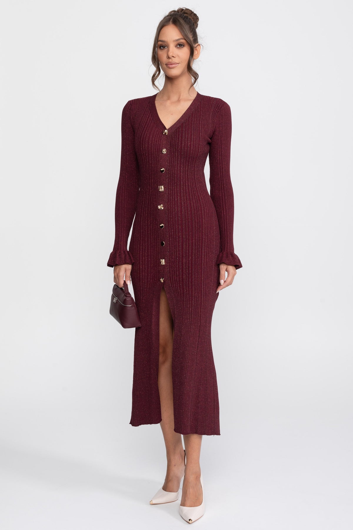 V-Neck Button-Front Ribbed Knit Maxi Dress with Ruffle Cuffs – Burgundy – view 4