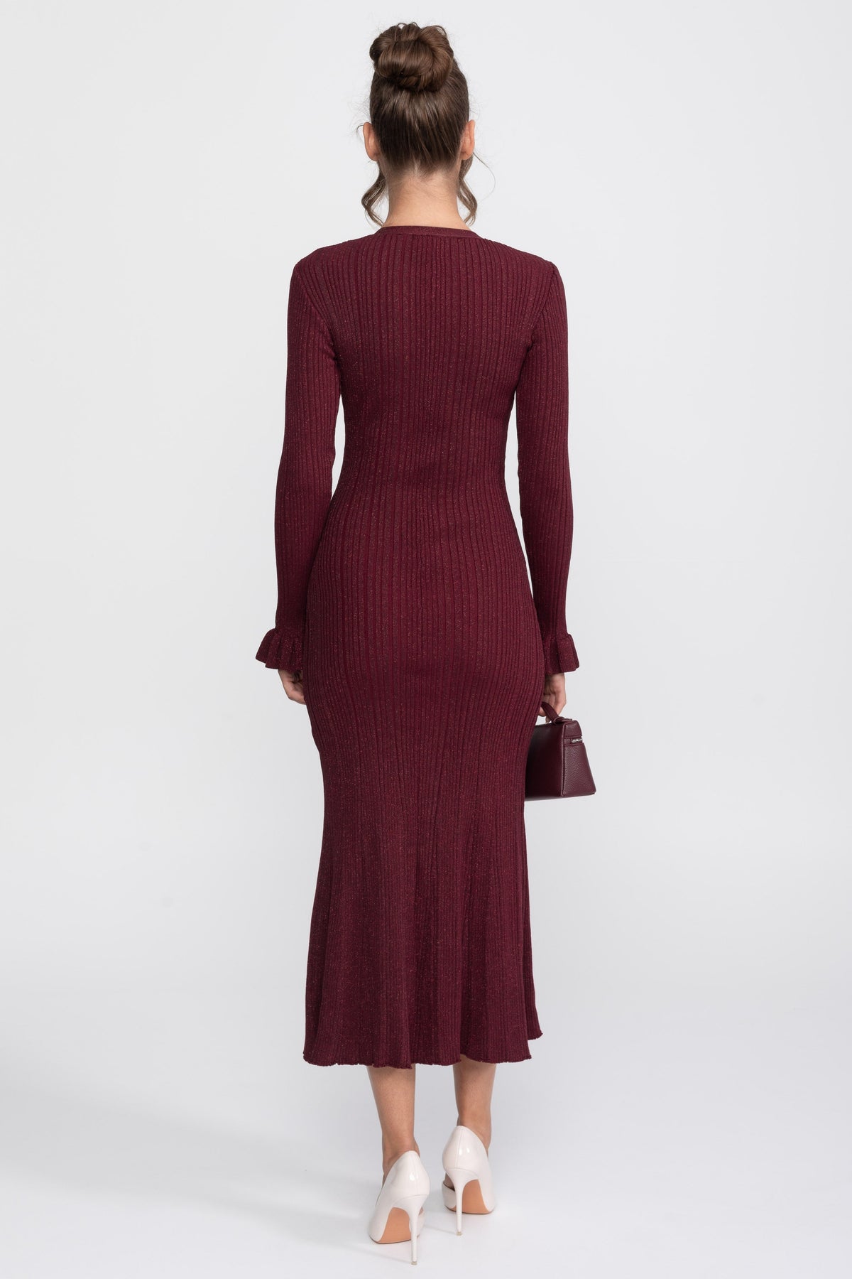 V-Neck Button-Front Ribbed Knit Maxi Dress with Ruffle Cuffs – Burgundy – view 8