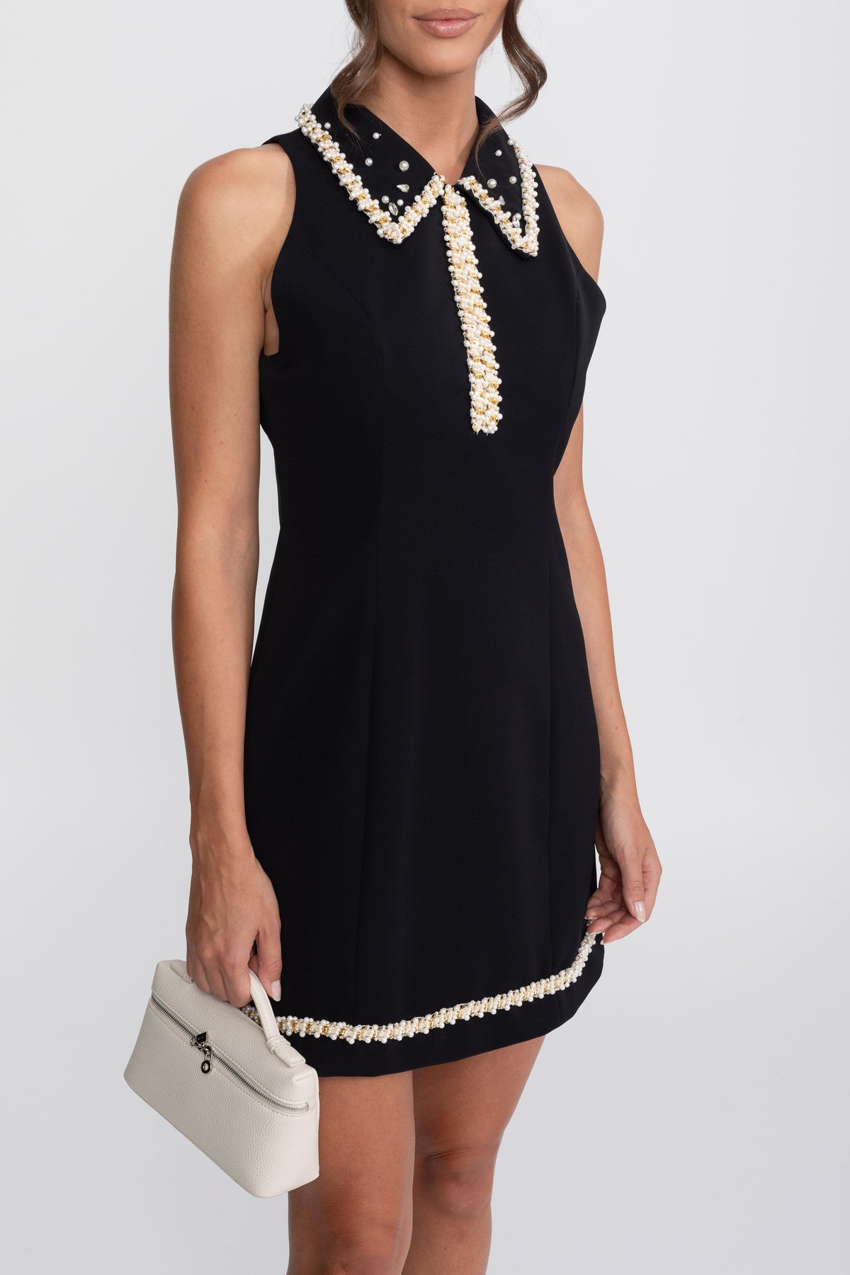 Sleeveless A-Line Mini Dress with Pearl-Trimmed Collar – Black – view 4