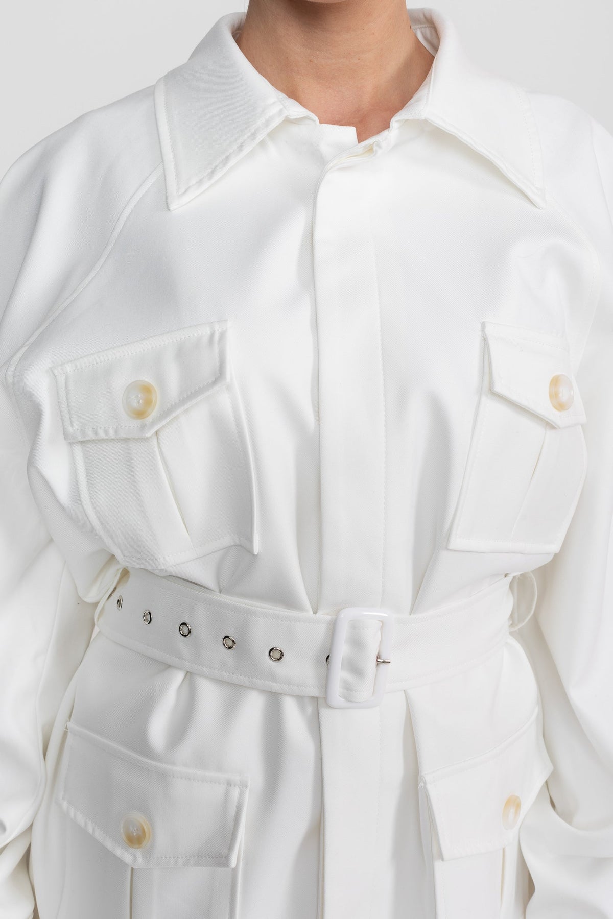 Belted Oversized Utility Jacket with Flap Patch Pockets – White