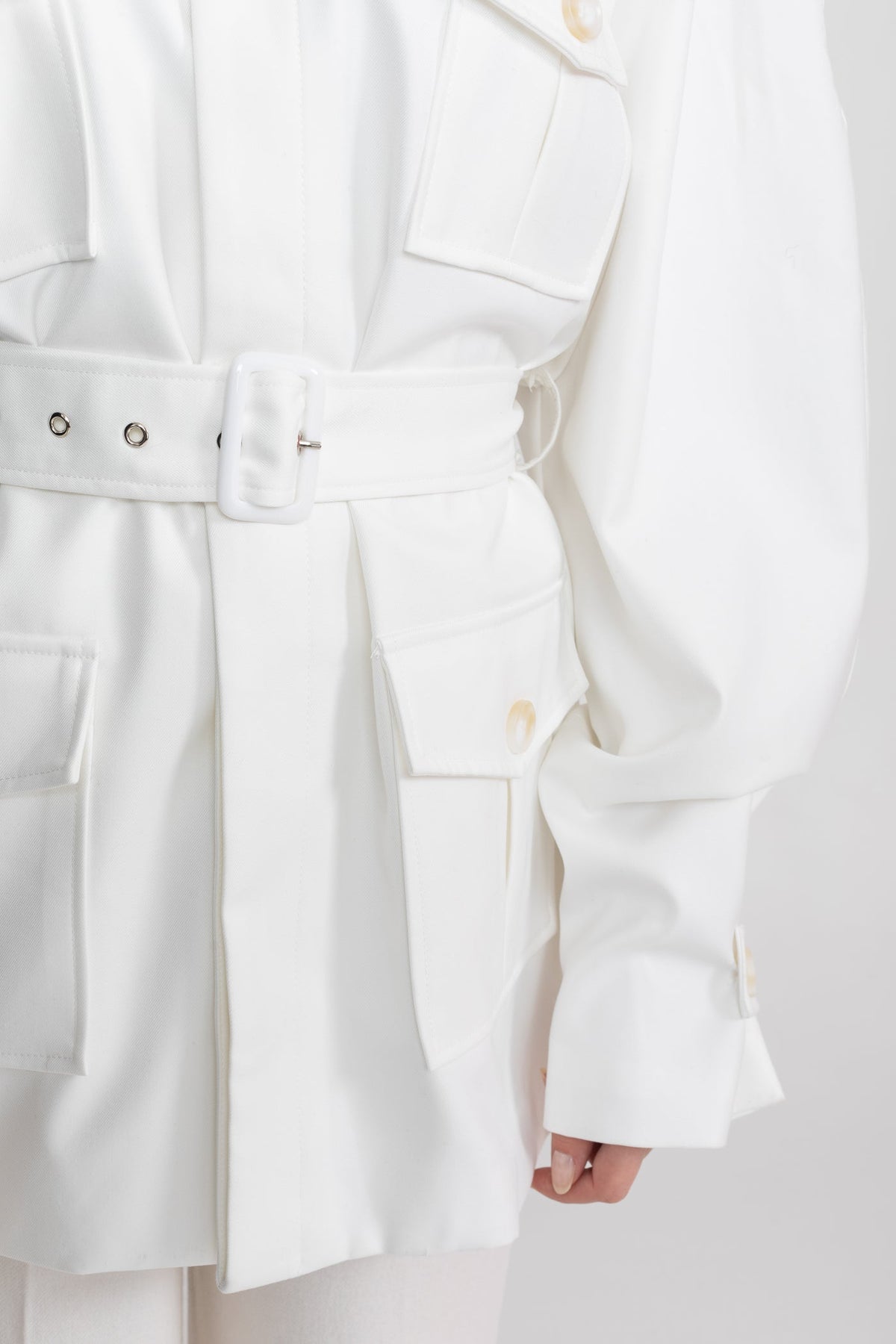 Belted Oversized Utility Jacket with Flap Patch Pockets – White – view 7