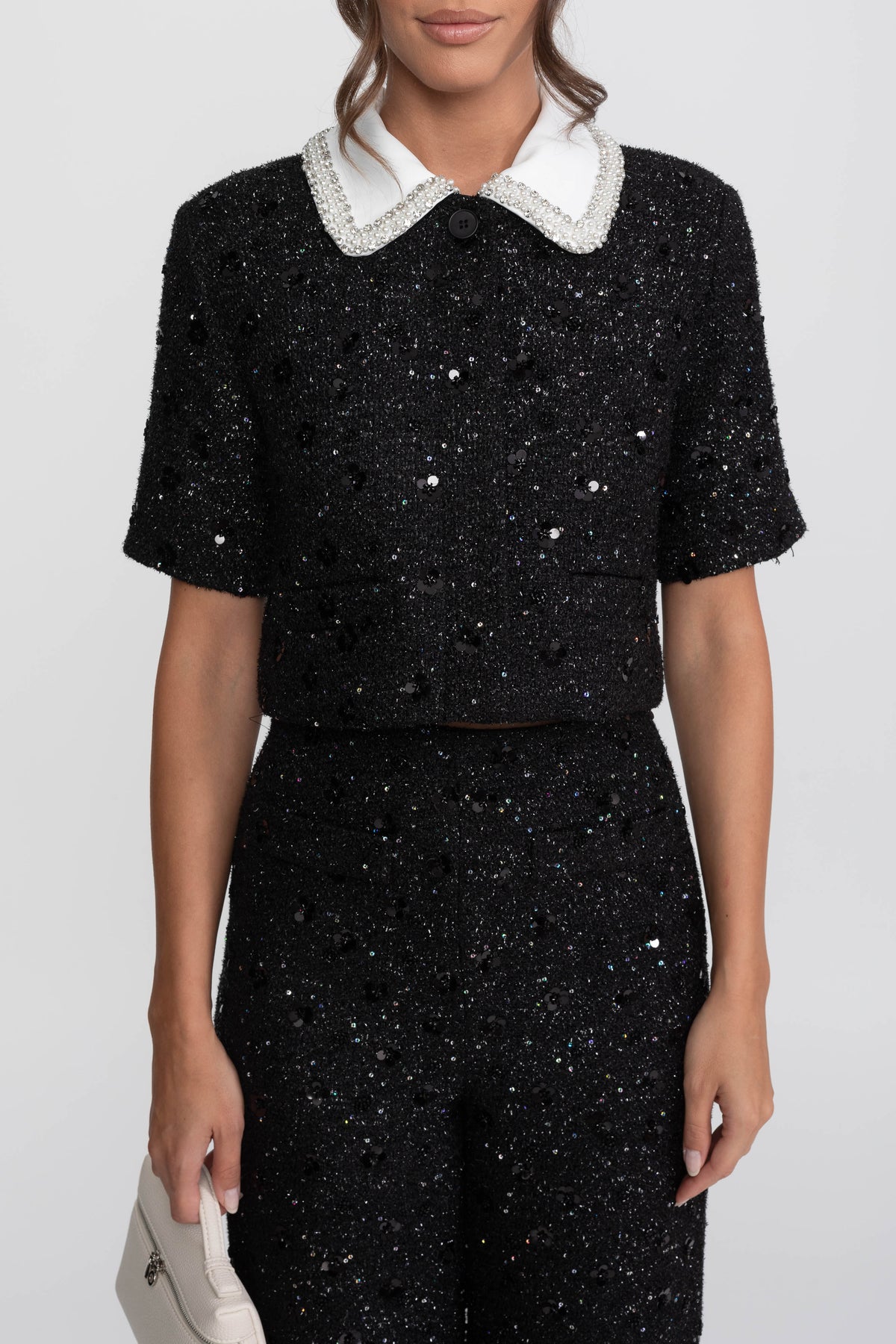 Short Sleeve Tweed Cropped Jacket with Lace Collar and Sequins – Black – view 6
