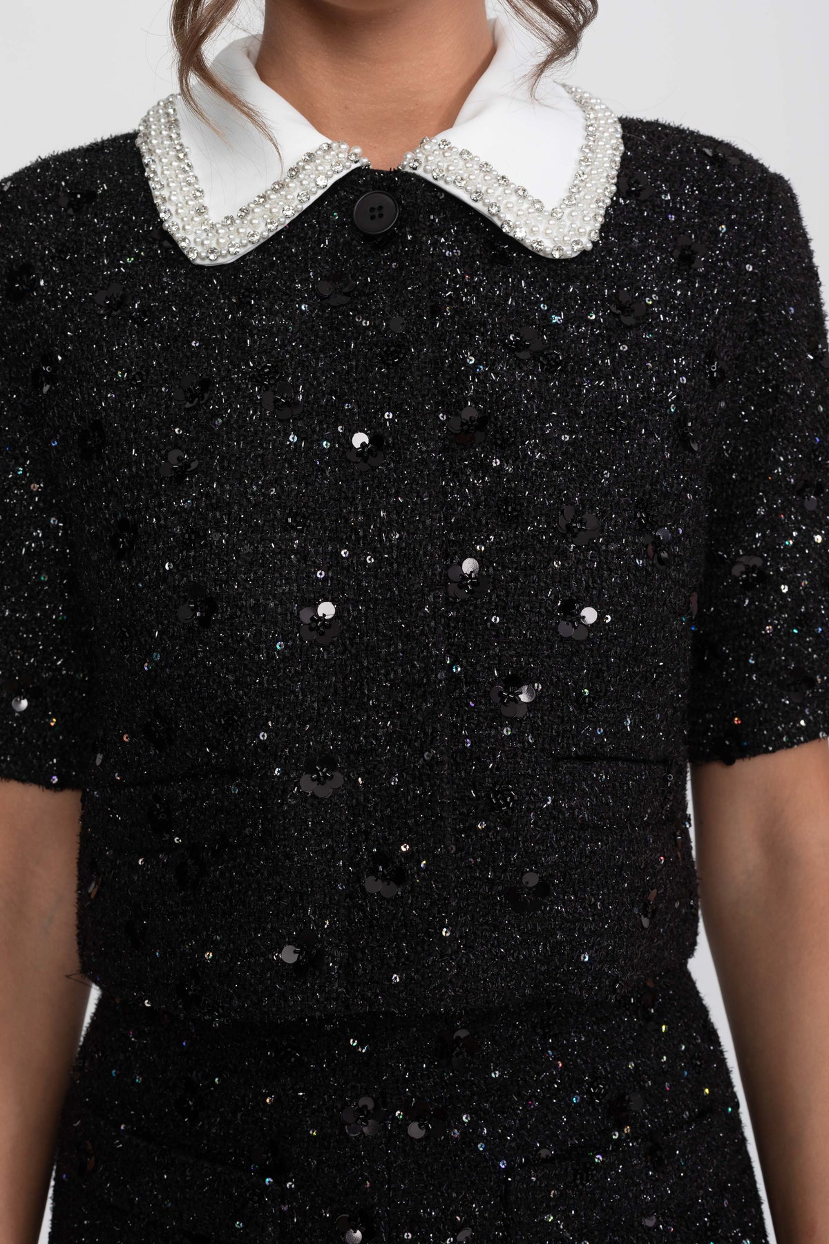 Short Sleeve Tweed Cropped Jacket with Lace Collar and Sequins – Black – view 8