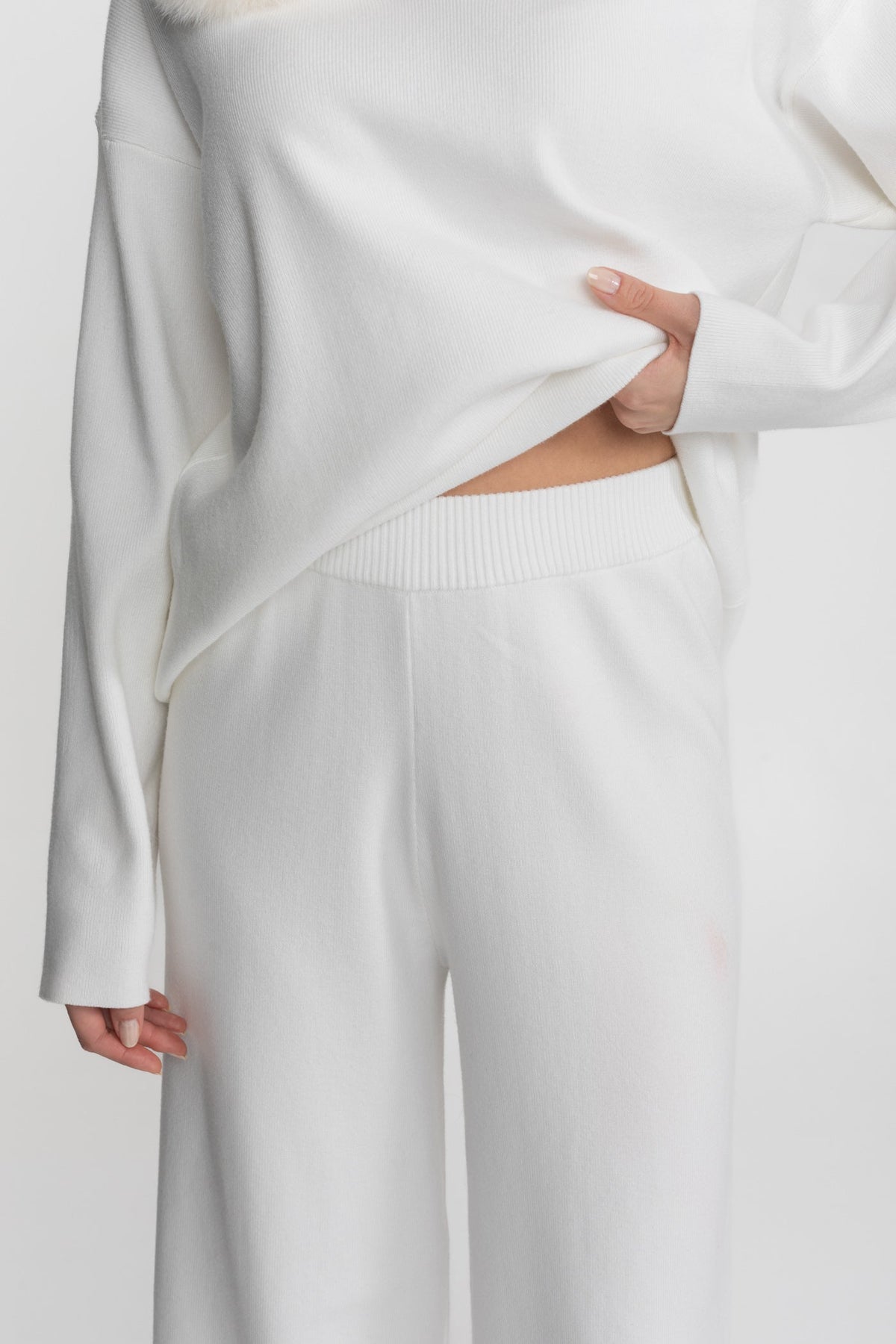 Knit Lounge Top and Straight Leg Trousers Set – White – view 7