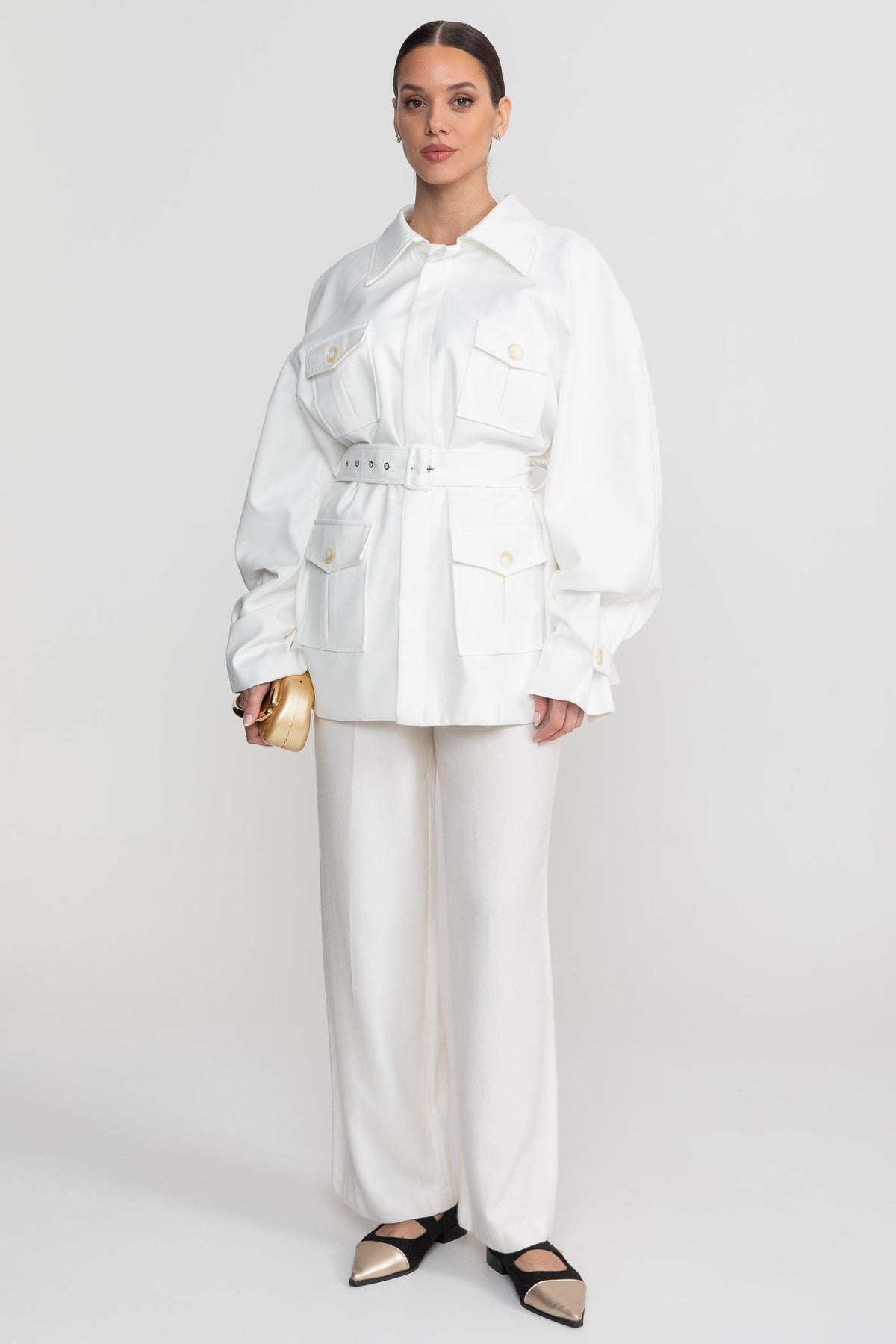Belted Oversized Utility Jacket with Flap Patch Pockets – White – view 4