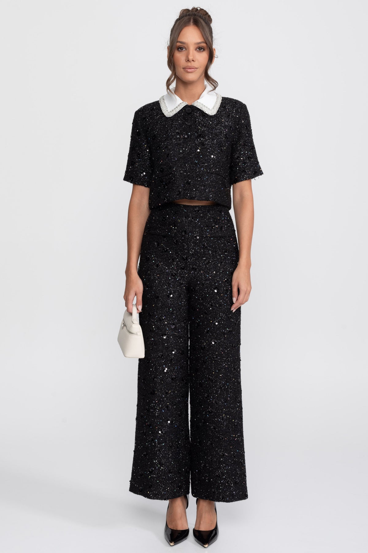 High Waisted Wide Leg Tweed Trousers with Sequin Detail – Black – view 2