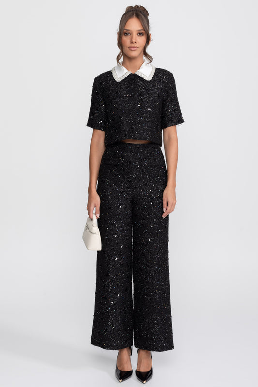 High Waisted Wide Leg Tweed Trousers with Sequin Detail – Black – view 2