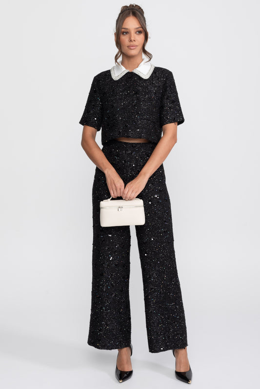 High Waisted Wide Leg Tweed Trousers with Sequin Detail – Black