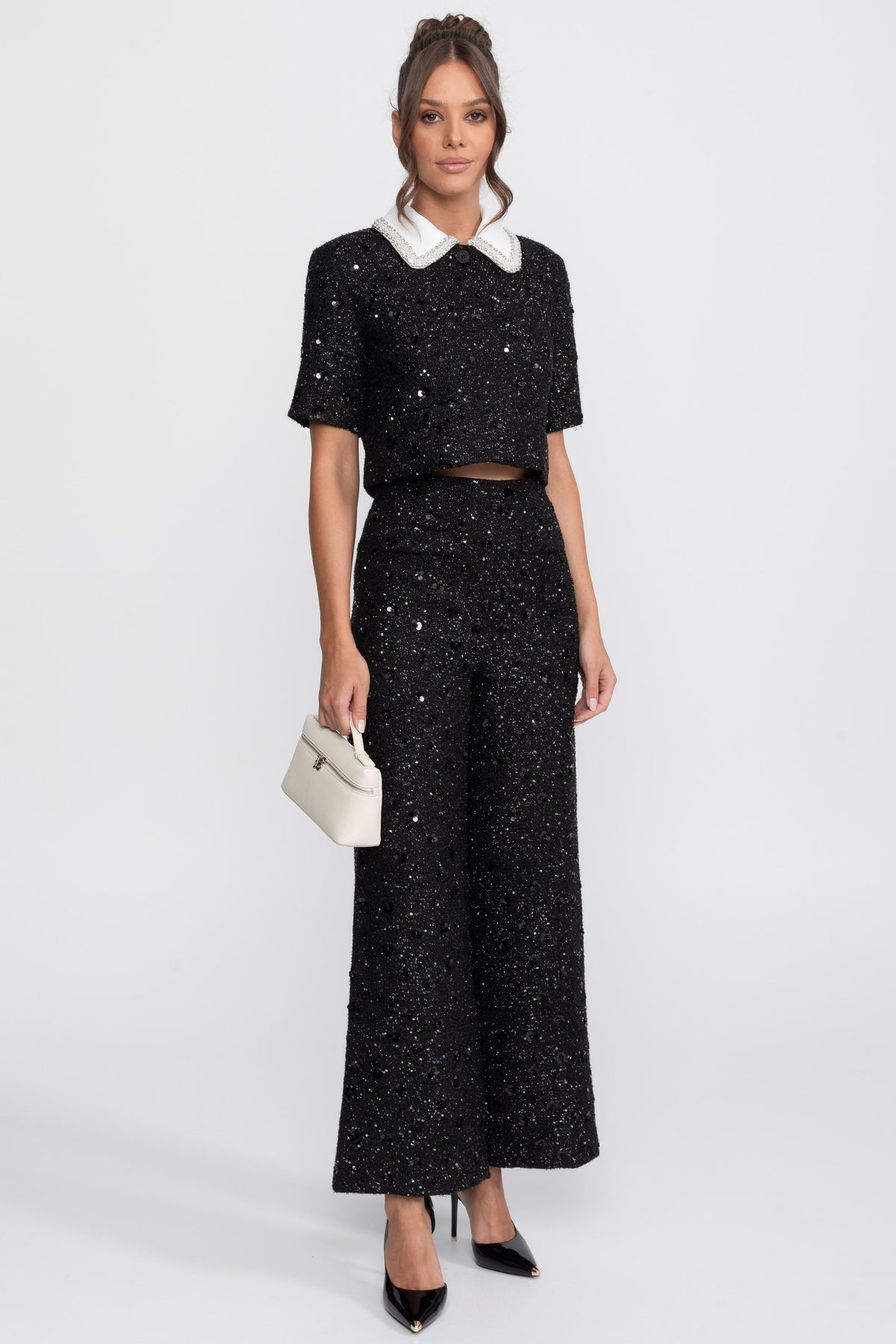 Short Sleeve Tweed Cropped Jacket with Lace Collar and Sequins – Black – view 2