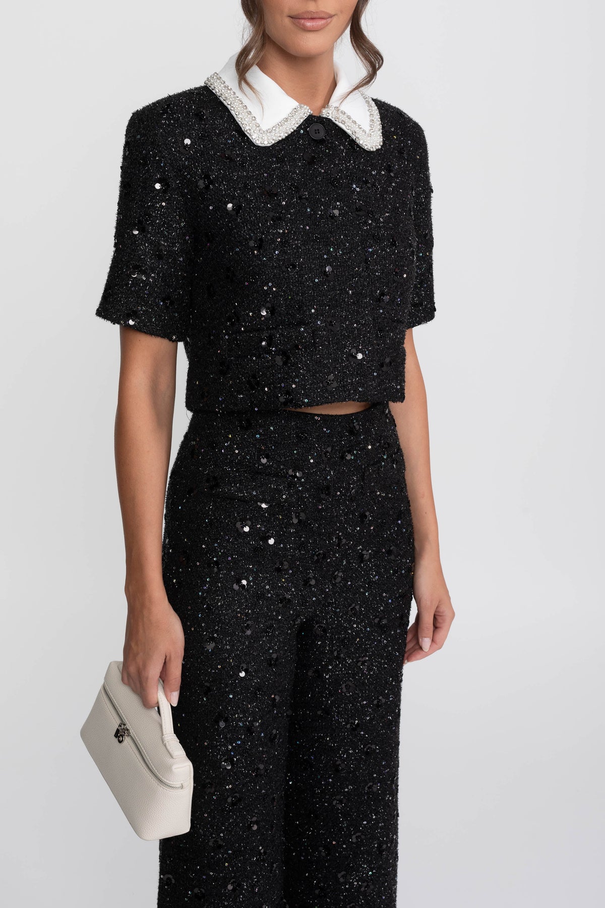 Short Sleeve Tweed Cropped Jacket with Lace Collar and Sequins – Black – view 7
