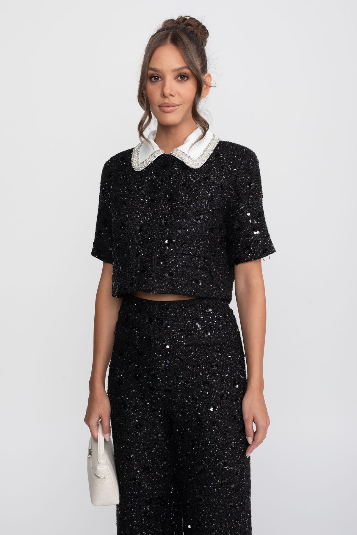 Short Sleeve Tweed Cropped Jacket with Lace Collar and Sequins – Black – view 5