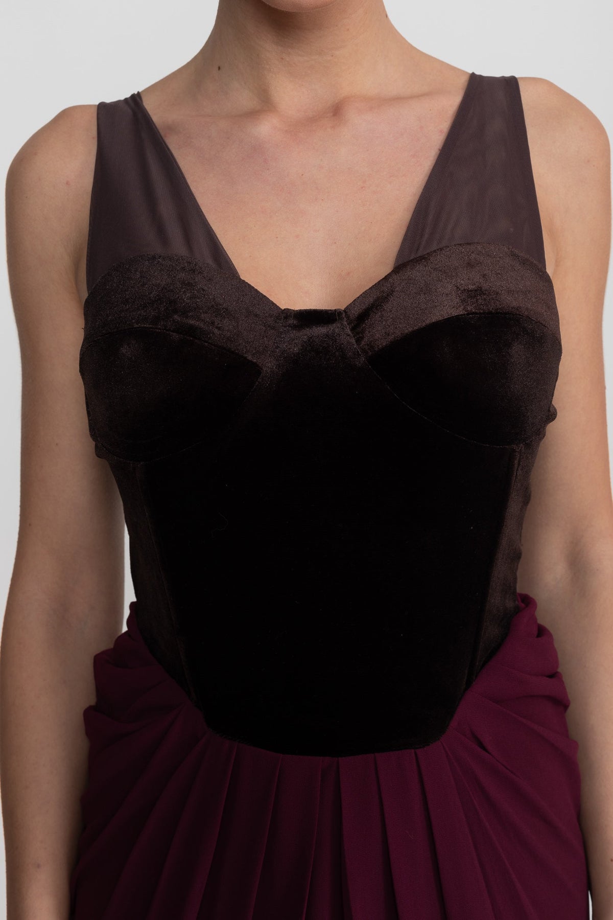 Velvet Corset Bodice Maxi Dress with Flowing Chiffon Skirt – Burgundy – view 4