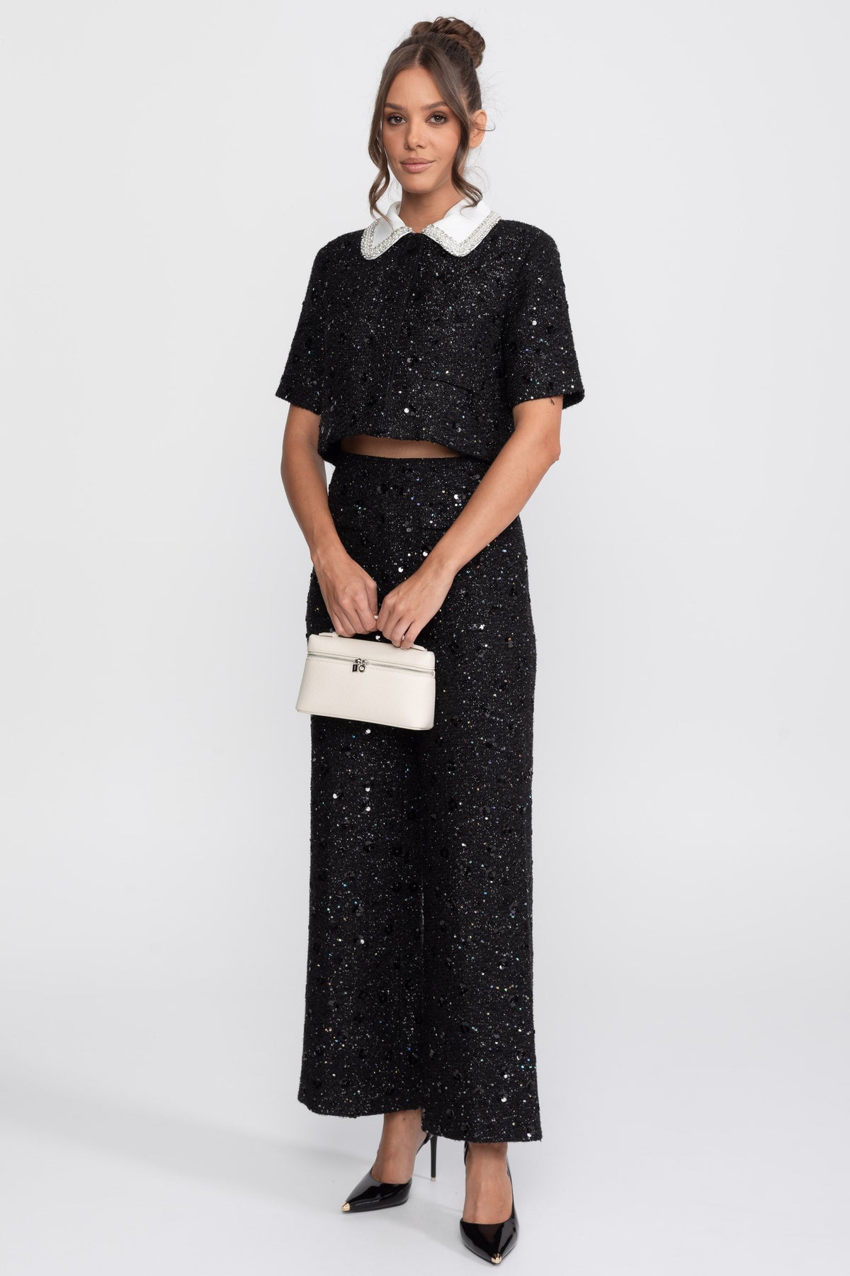 Short Sleeve Tweed Cropped Jacket with Lace Collar and Sequins – Black – view 4