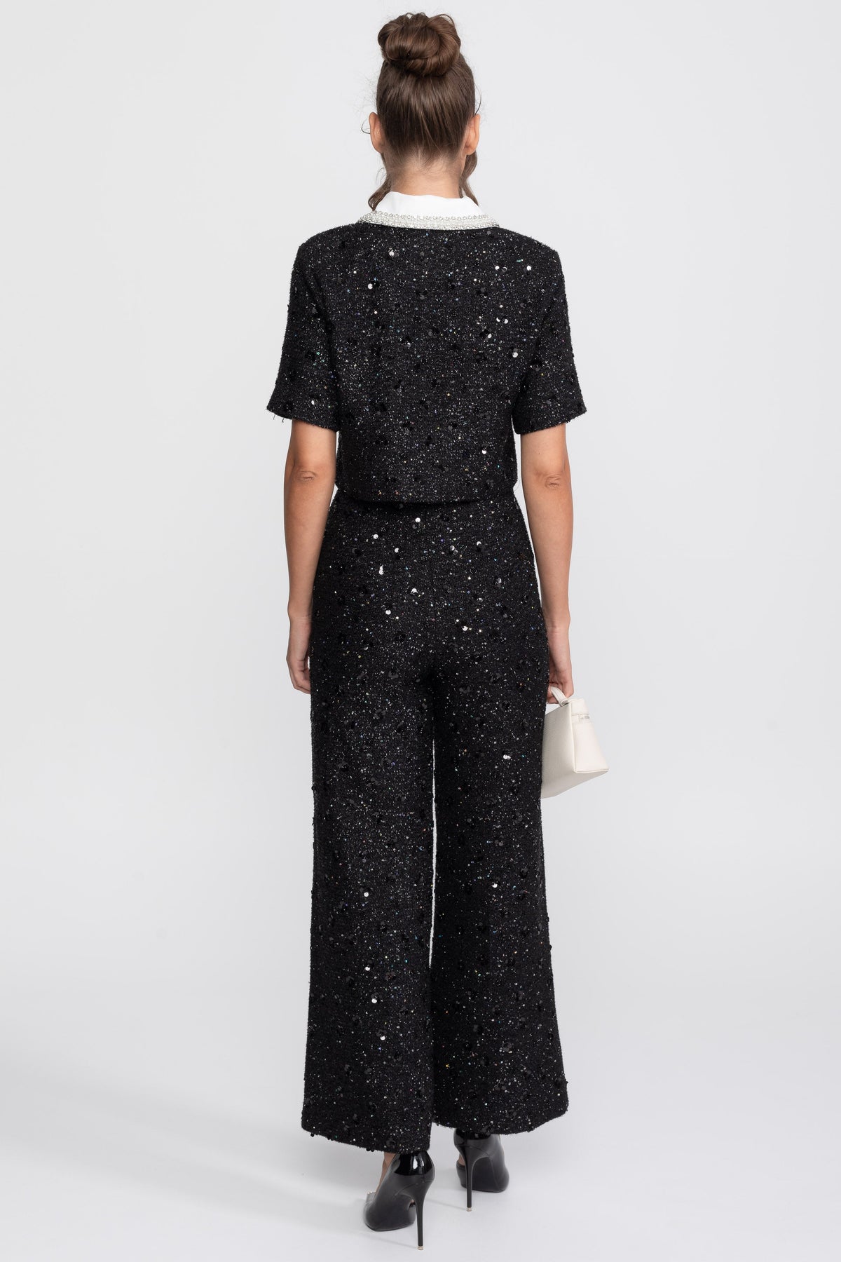 Short Sleeve Tweed Cropped Jacket with Lace Collar and Sequins – Black – view 11