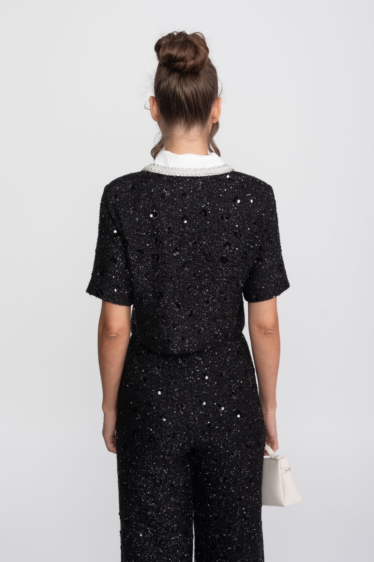 Short Sleeve Tweed Cropped Jacket with Lace Collar and Sequins – Black – view 10
