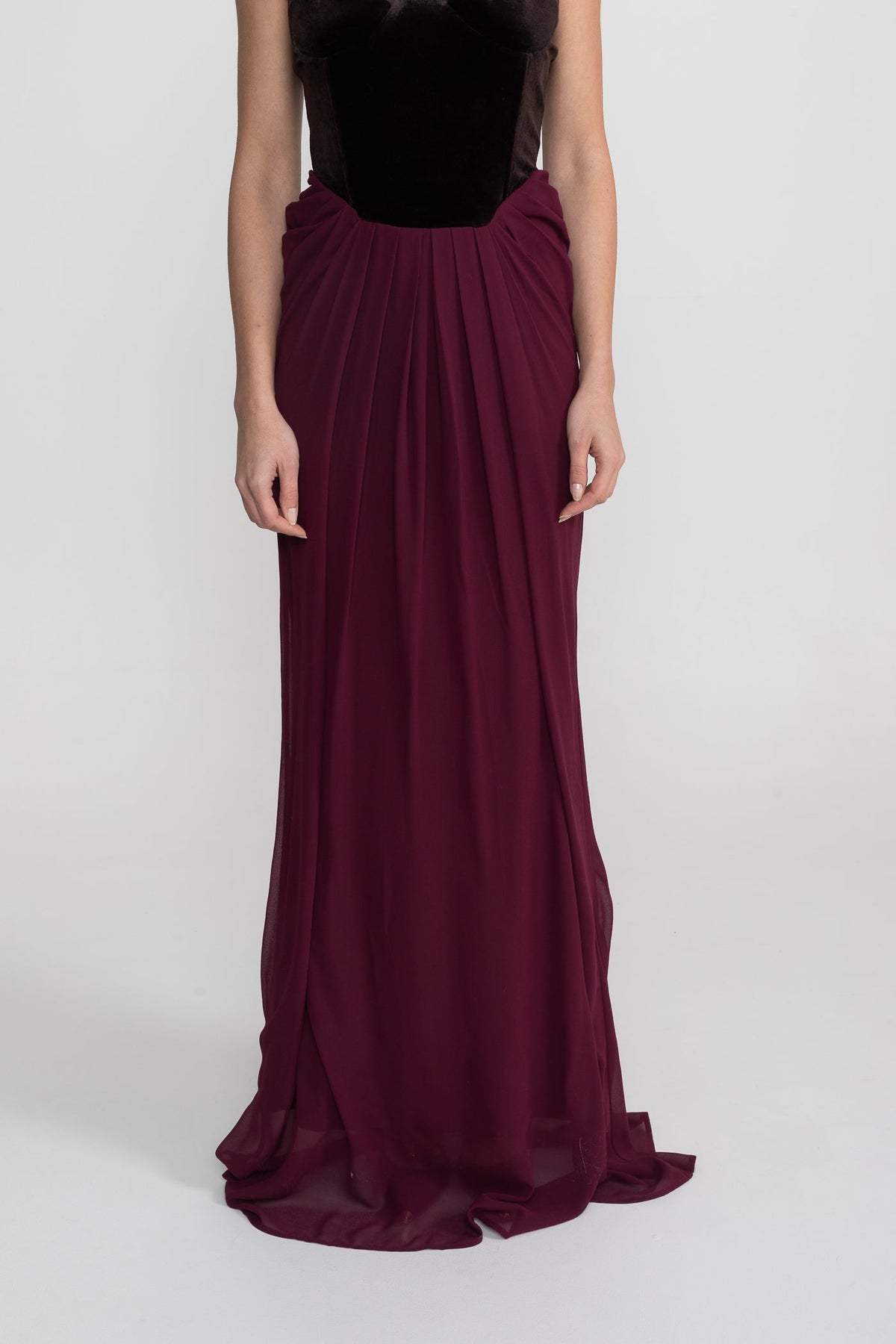 Velvet Corset Bodice Maxi Dress with Flowing Chiffon Skirt – Burgundy