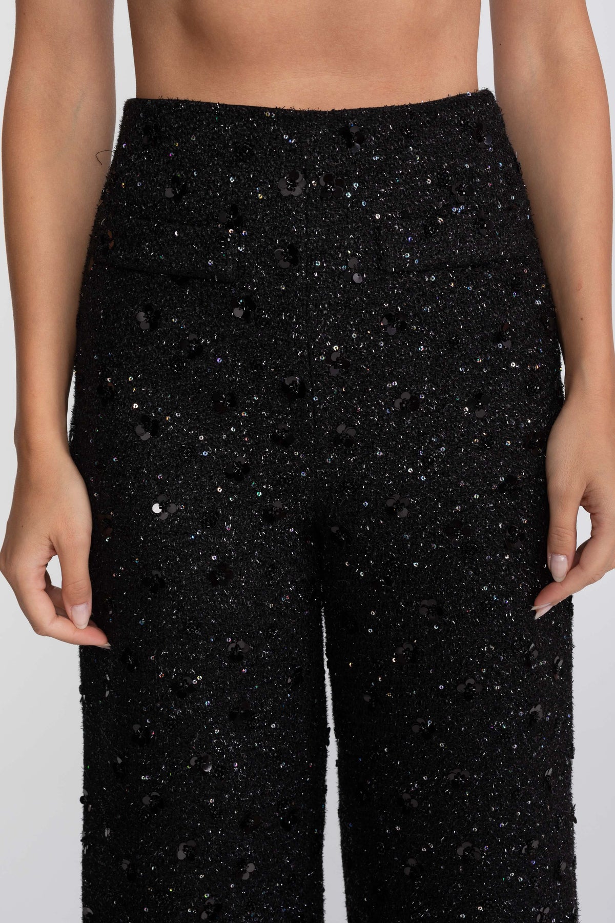 High Waisted Wide Leg Tweed Trousers with Sequin Detail – Black – view 4
