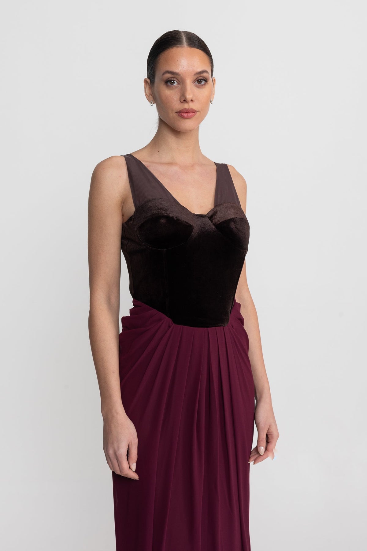 Velvet Corset Bodice Maxi Dress with Flowing Chiffon Skirt – Burgundy – view 6