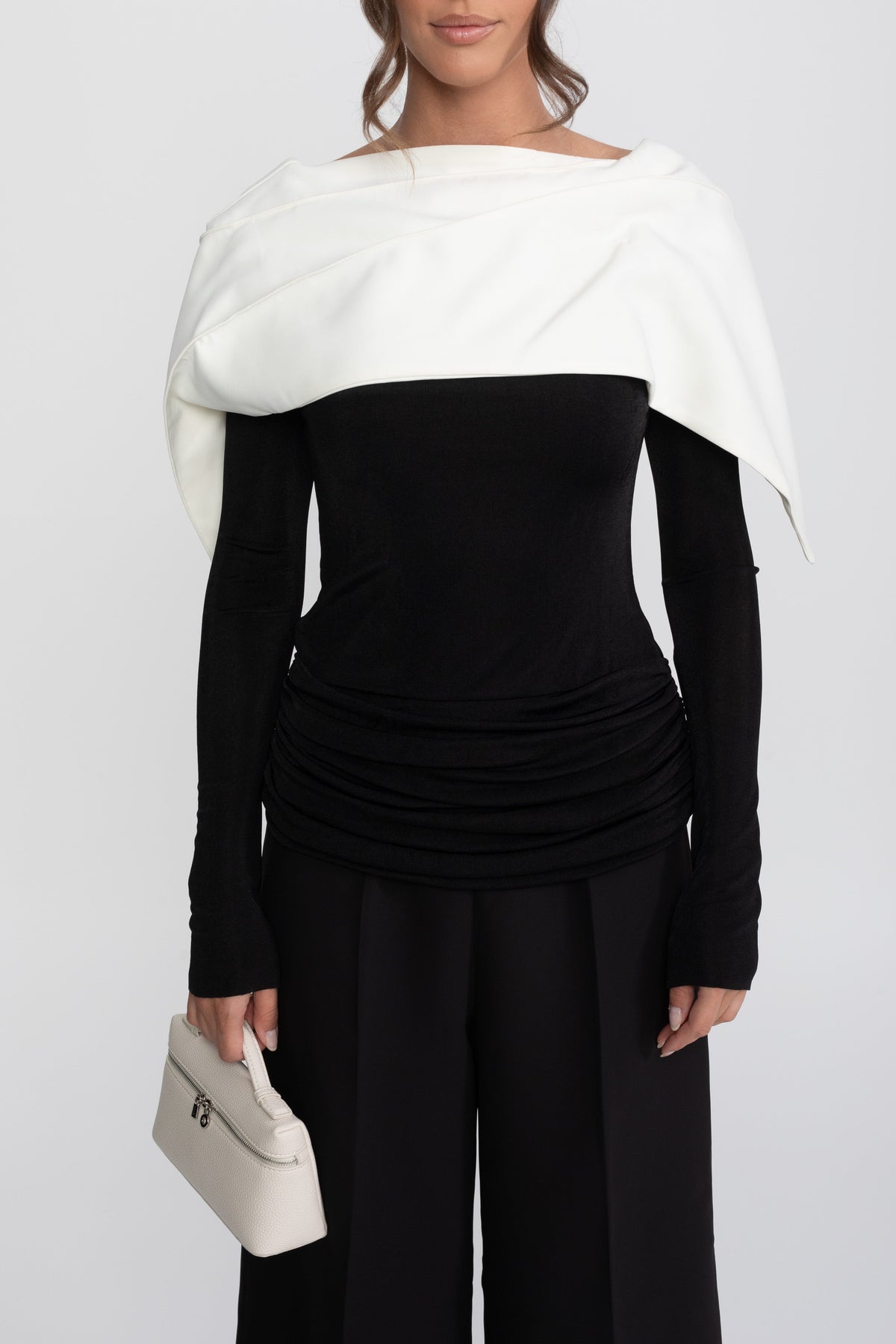 Ruched Wrap Top, Contrast Cape and Wide Leg Trouser Set – Black – view 6