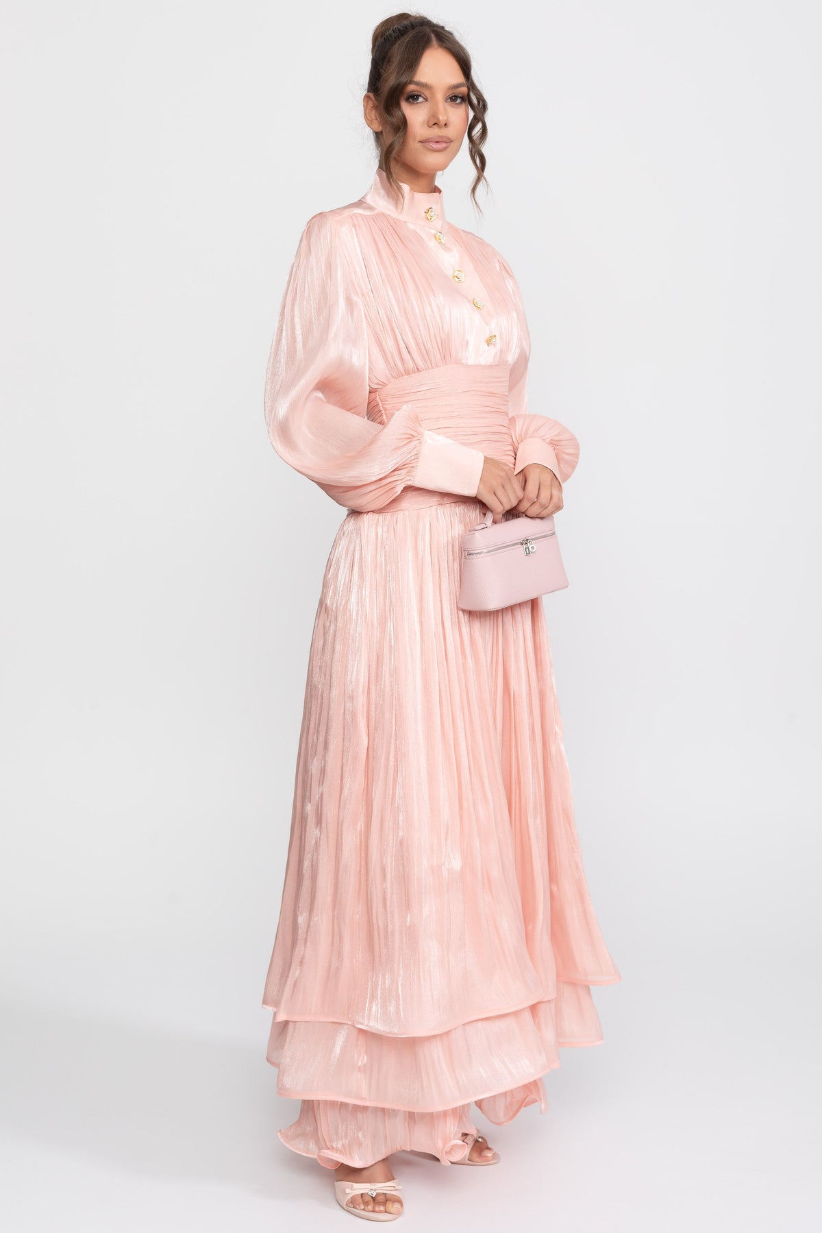 Balloon Sleeve Tiered Maxi Dress with Jewelled Rose Buttons – Peach – view 2