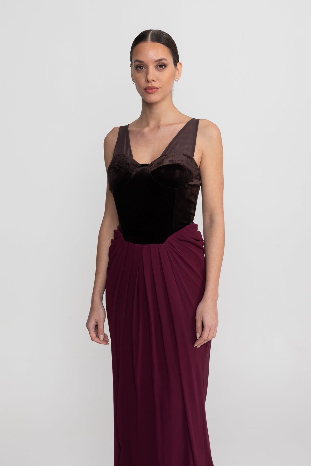 Velvet Corset Bodice Maxi Dress with Flowing Chiffon Skirt – Burgundy