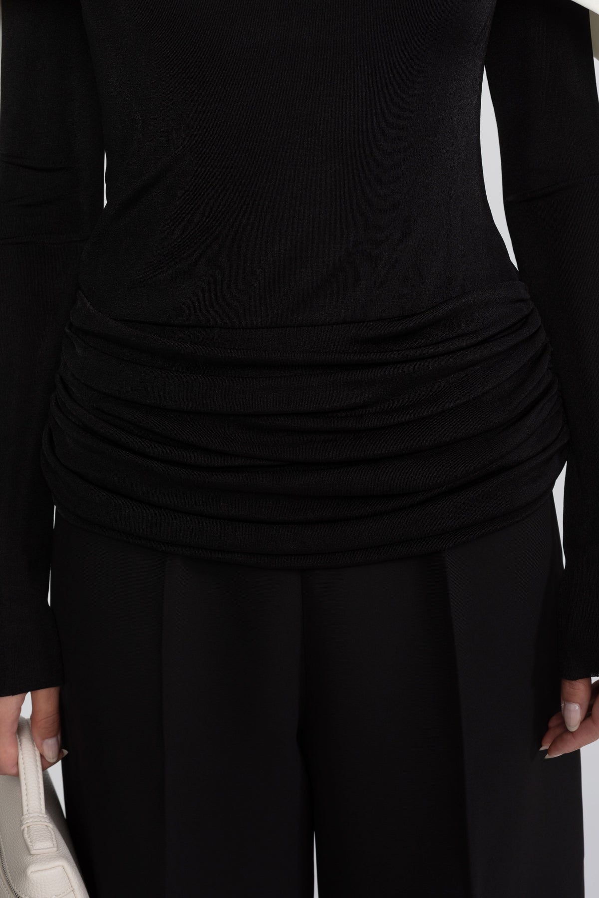Ruched Wrap Top, Contrast Cape and Wide Leg Trouser Set – Black – view 8