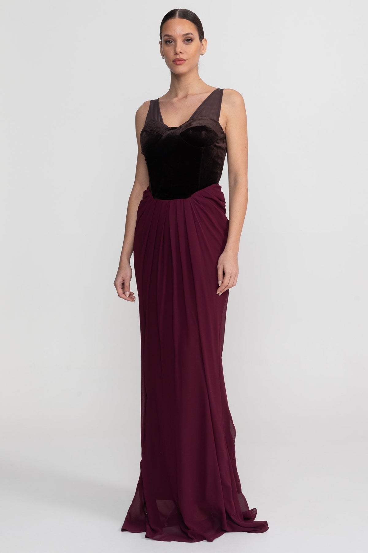 Velvet Corset Bodice Maxi Dress with Flowing Chiffon Skirt – Burgundy – view 8