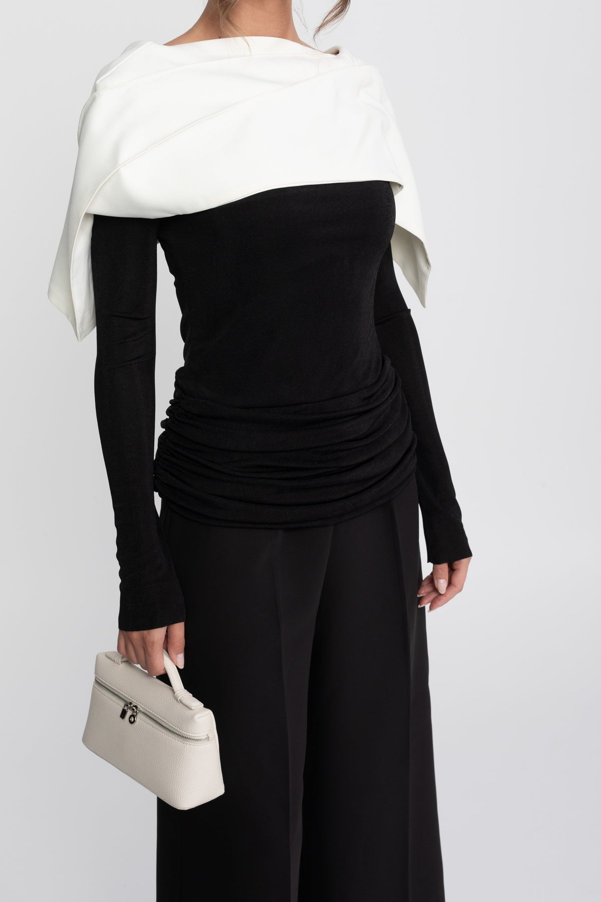 Ruched Wrap Top, Contrast Cape and Wide Leg Trouser Set – Black – view 5